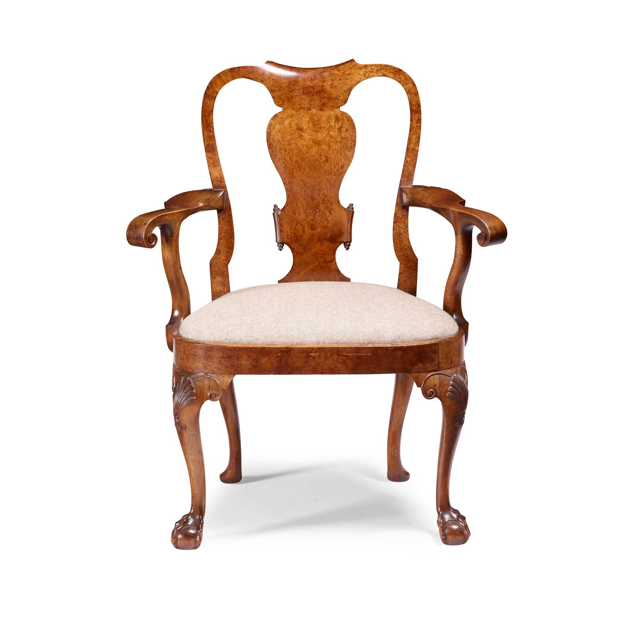 GEORGE II STYLE WALNUT AND BURR WALNUT 'MASTER'S' ARMCHAIR, IN THE MANNER OF GILES GRENDEY