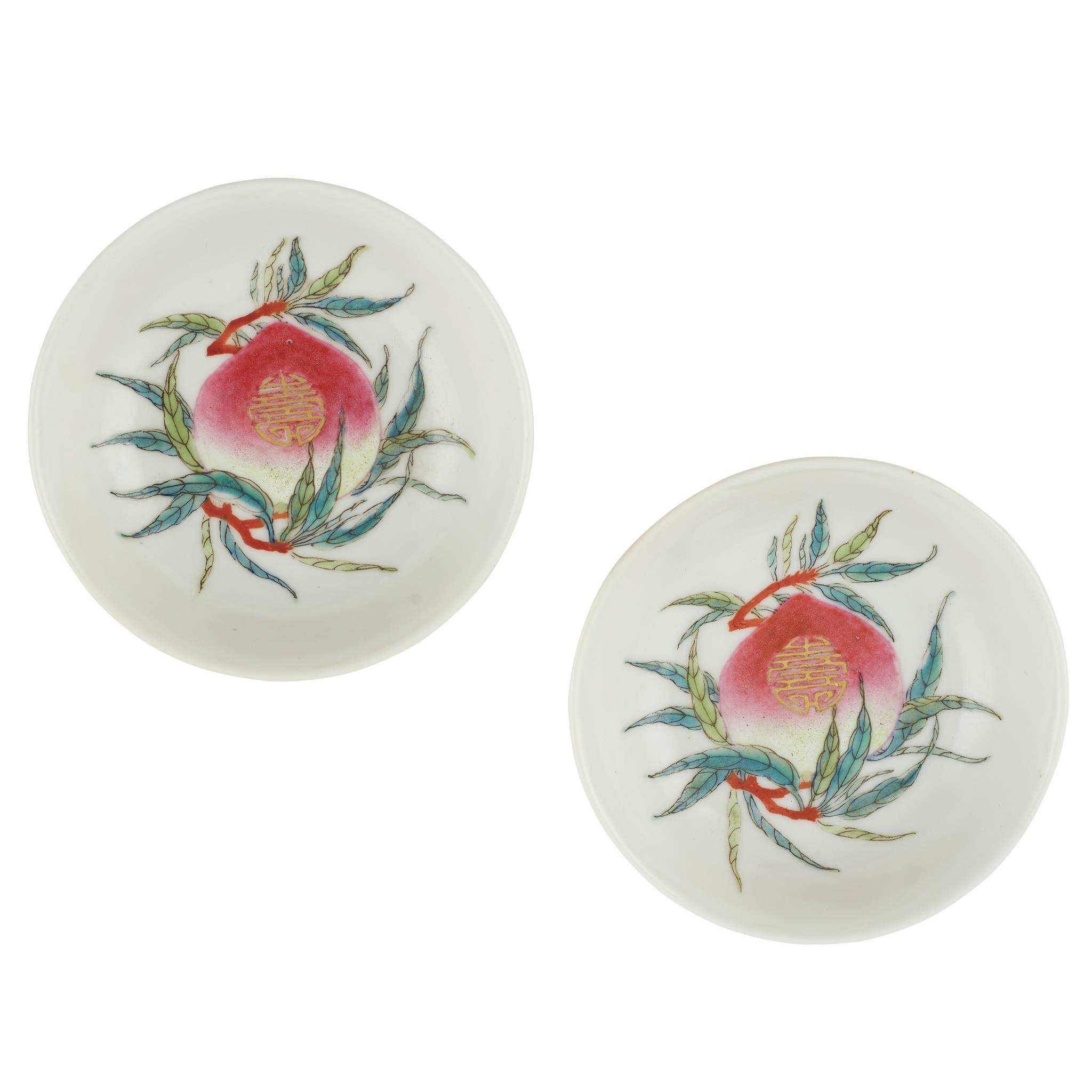 PAIR OF FAMILLE ROSE 'PEACH' SAUCERS