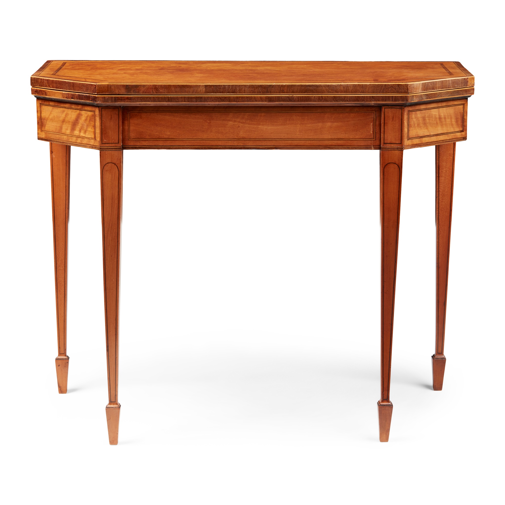 LATE GEORGE III SATINWOOD AND TULIPWOOD CARD TABLE