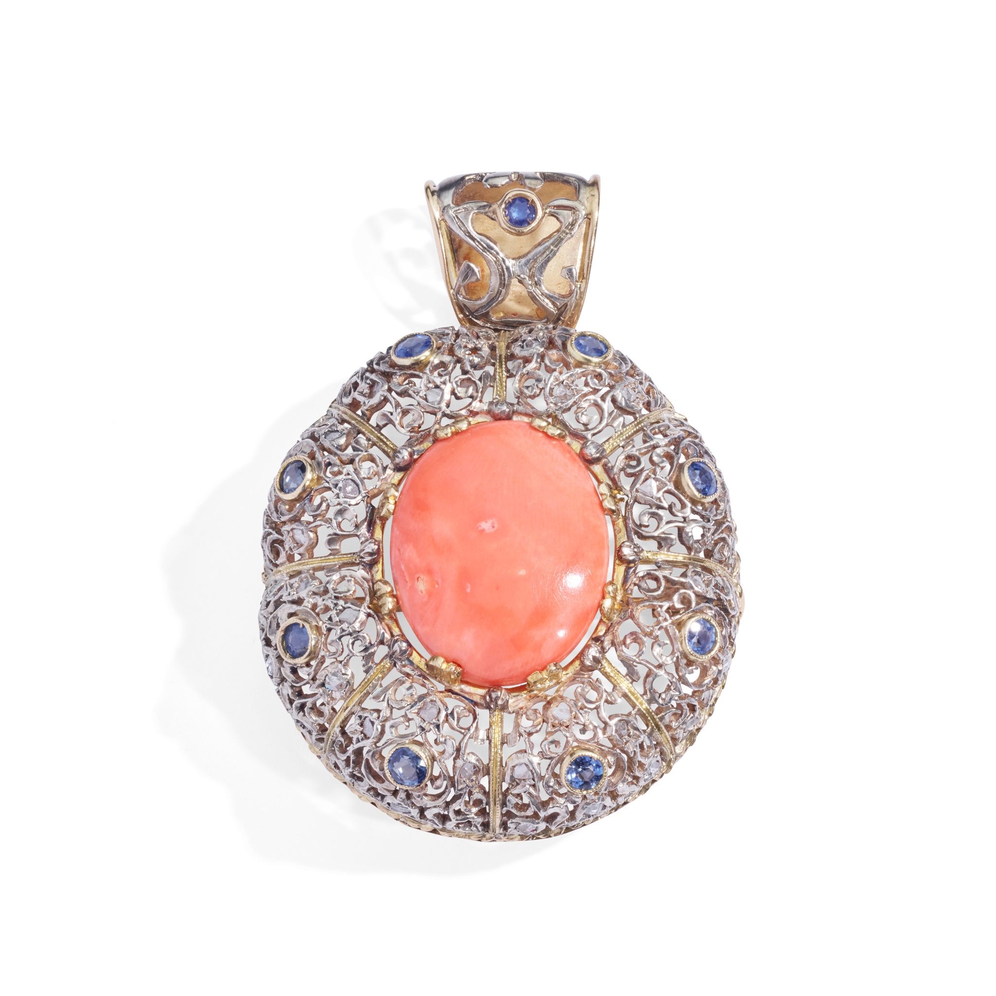 A coral, sapphire and diamond pendant