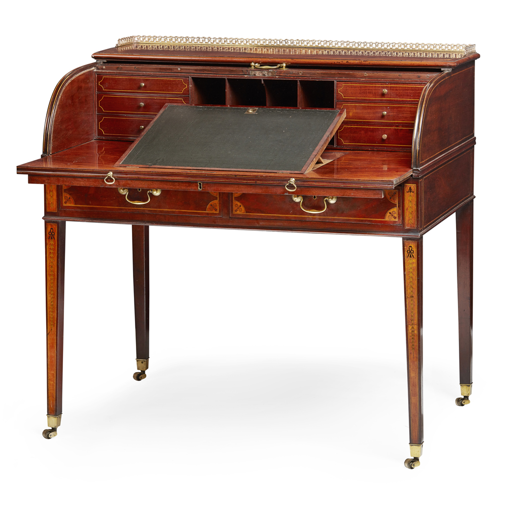 GEORGE III MAHOGANY AND INLAY ROLL TOP DESK