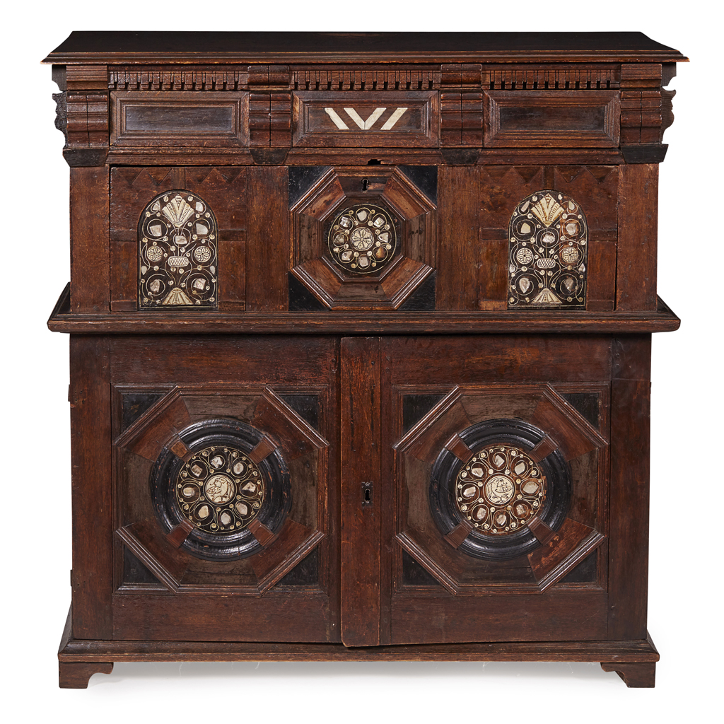 ANGLO-FLEMISH OAK, BONE AND MOTHER-OF-PEARL INLAID CHEST OF DRAWERS