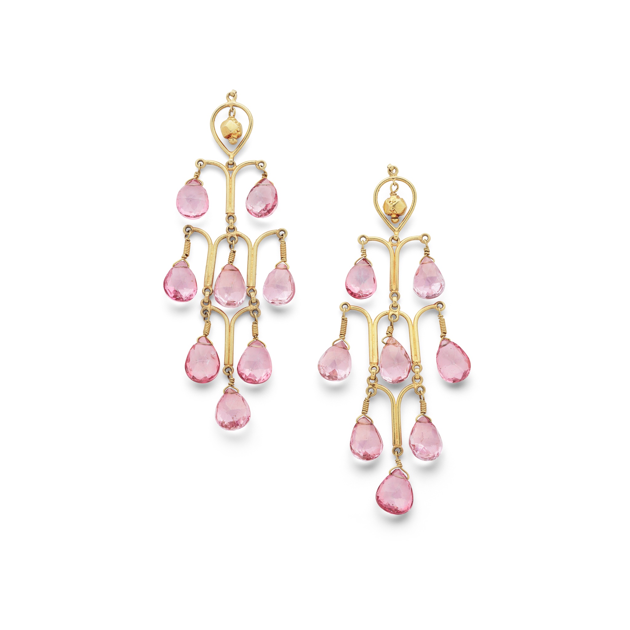 A pair of pink tourmaline pendent earrings