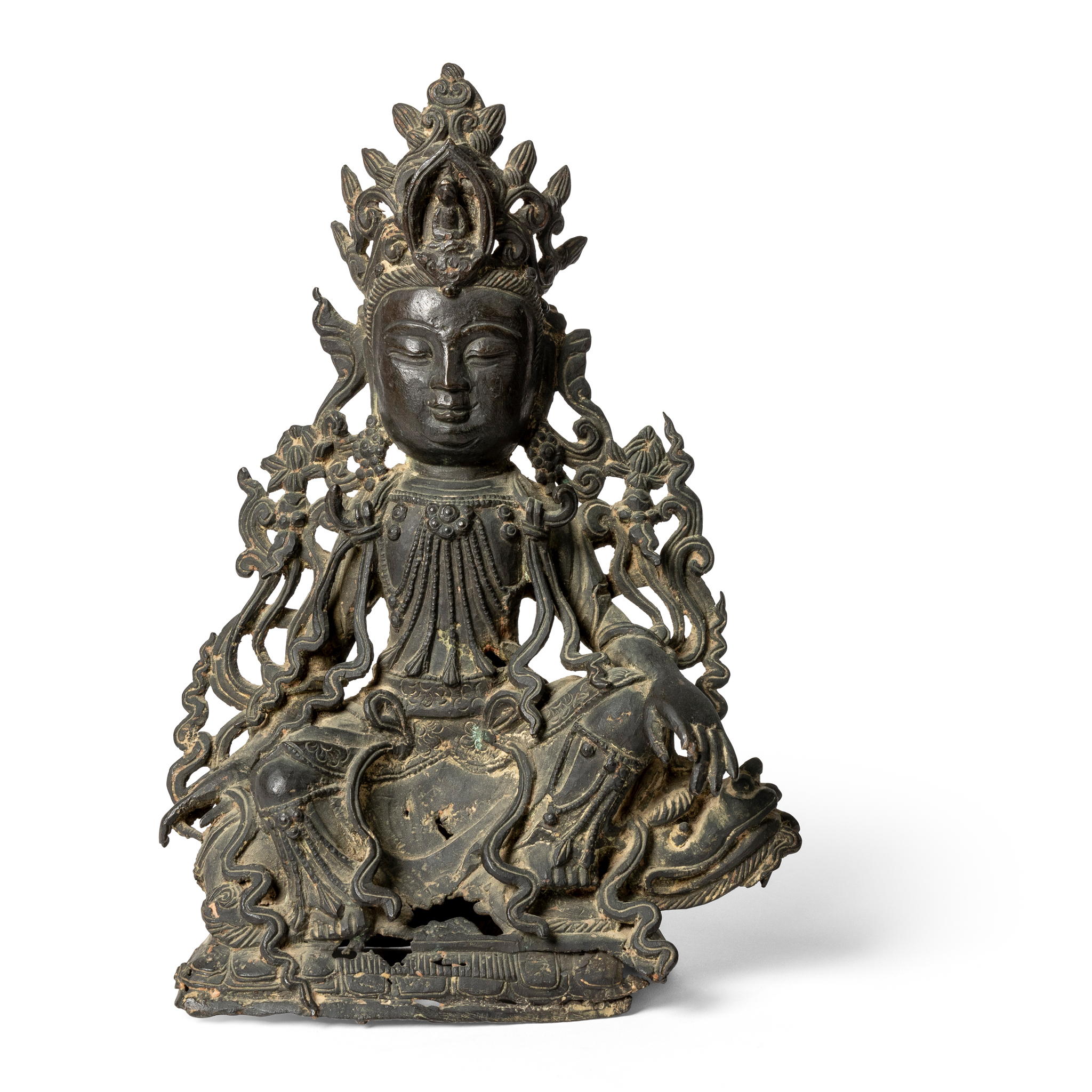 CHINESE BRONZE FIGURE OF MANJUSHRI SEATED ON A LION