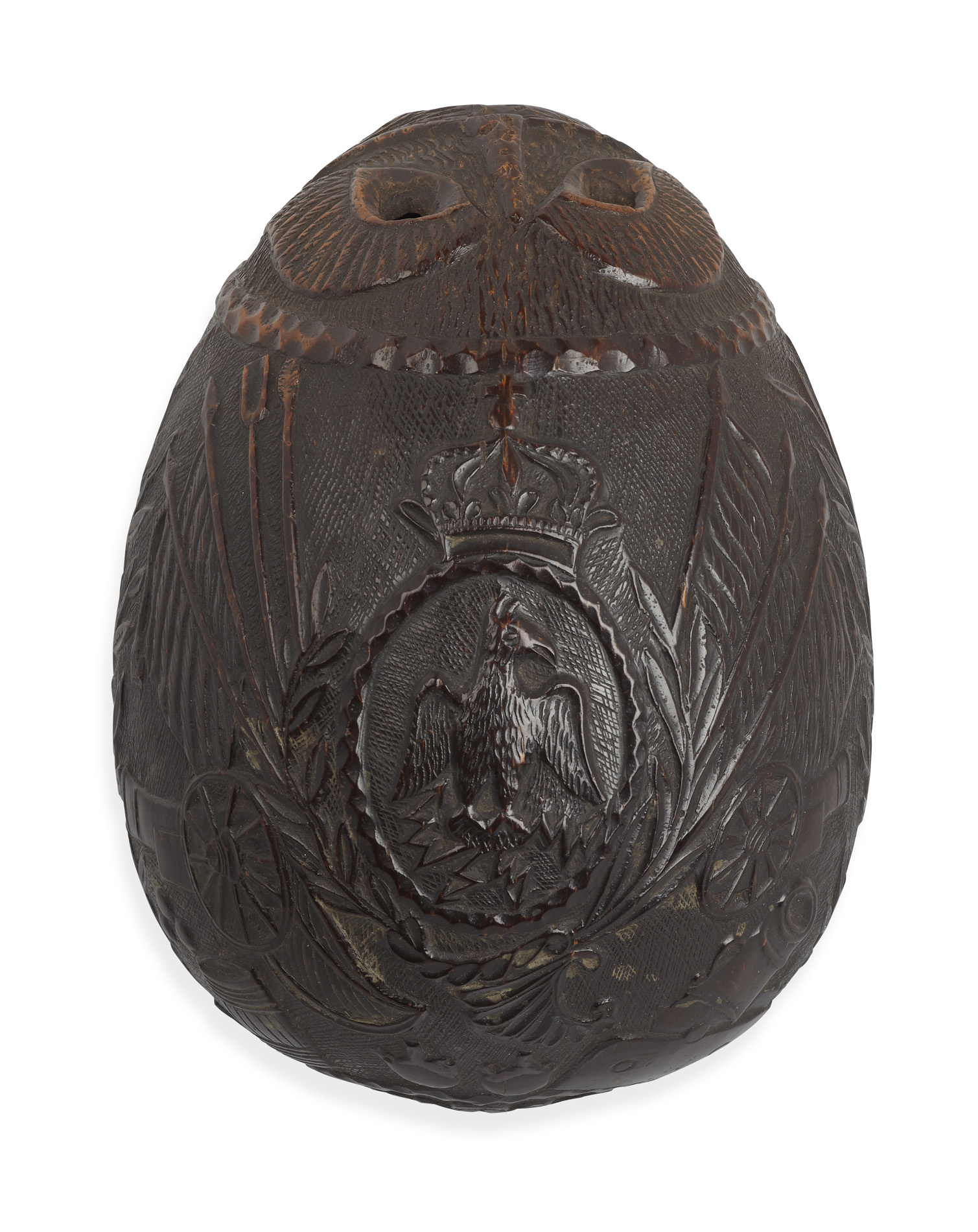 CARVED COCONUT 'BUGBEAR' FLASK OF NAPOLEONIC INTEREST