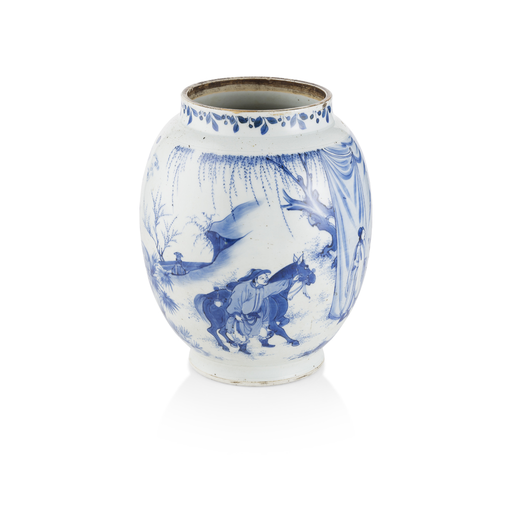 BLUE AND WHITE TRANSITIONAL 'ROMANCE OF THE THREE KINGDOMS' JAR
