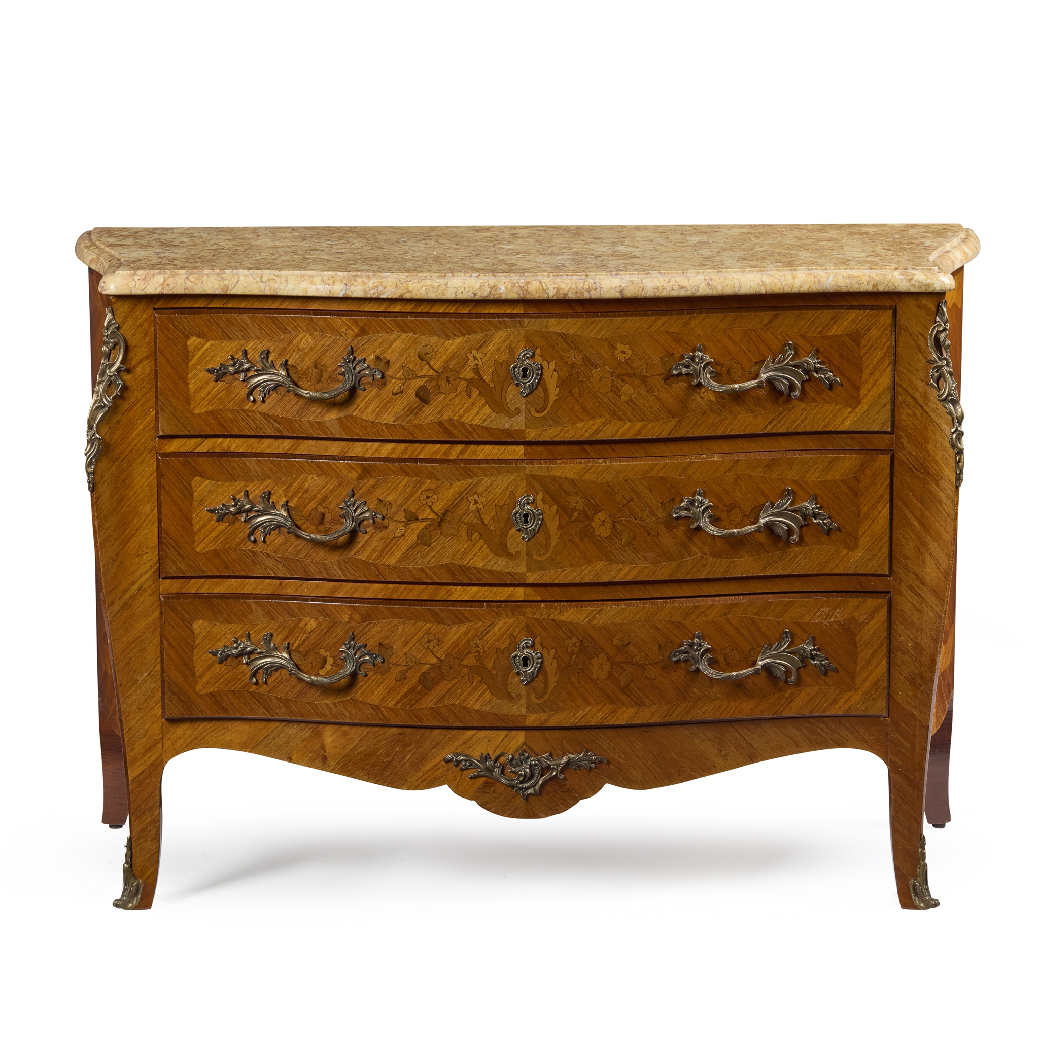LOUIS XV STYLE KINGWOOD PARQUETRY AND MARQUETRY COMMODE