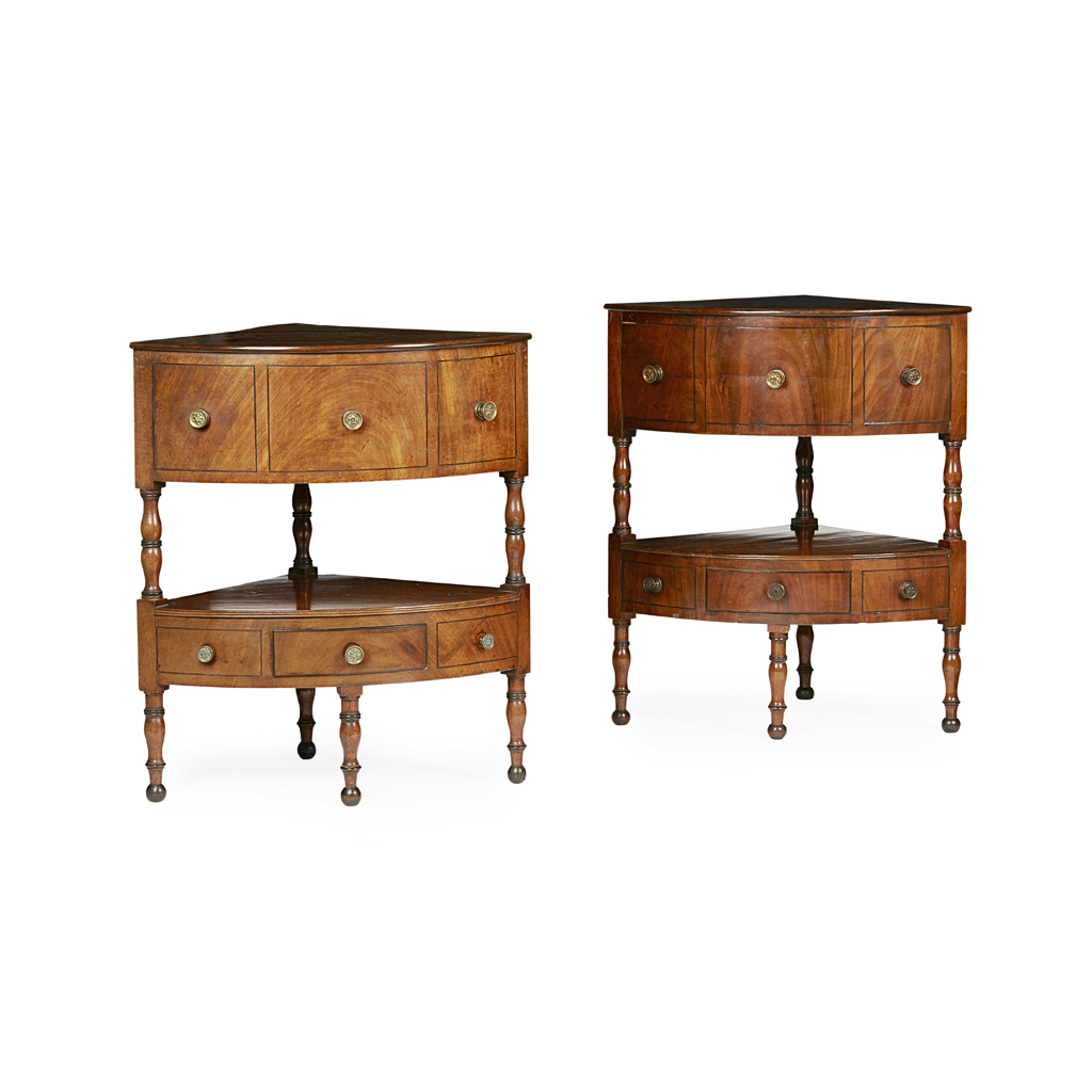 PAIR OF LATE GEORGE III IRISH MAHOGANY CORNER ETAGERES