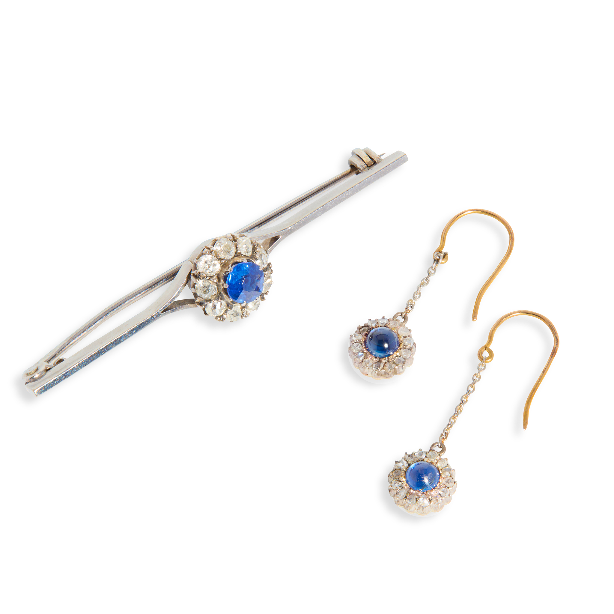 A sapphire and diamond bar brooch and matched earrings