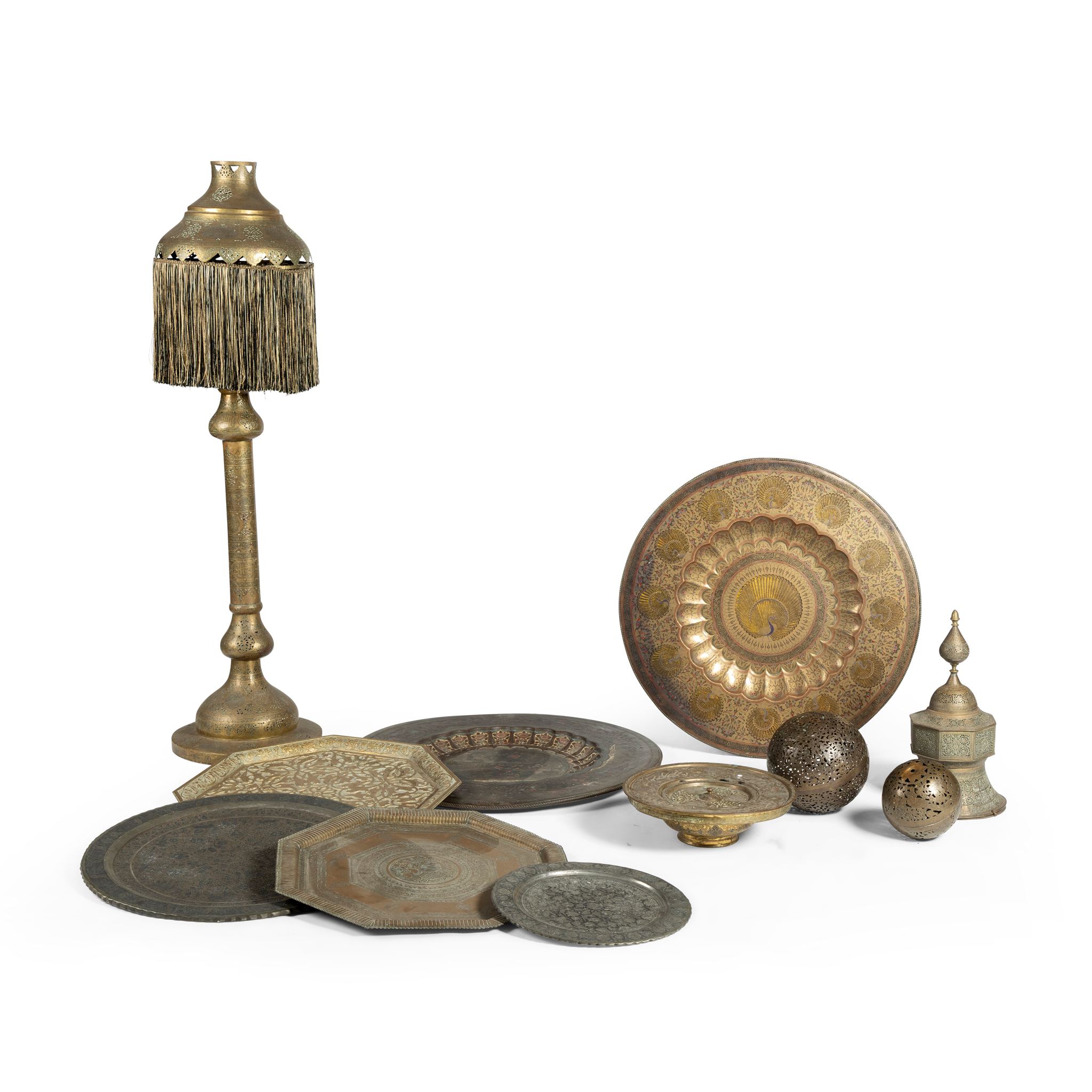 AN INDO-MUGHAL BRASS AND ENAMEL CHARGER