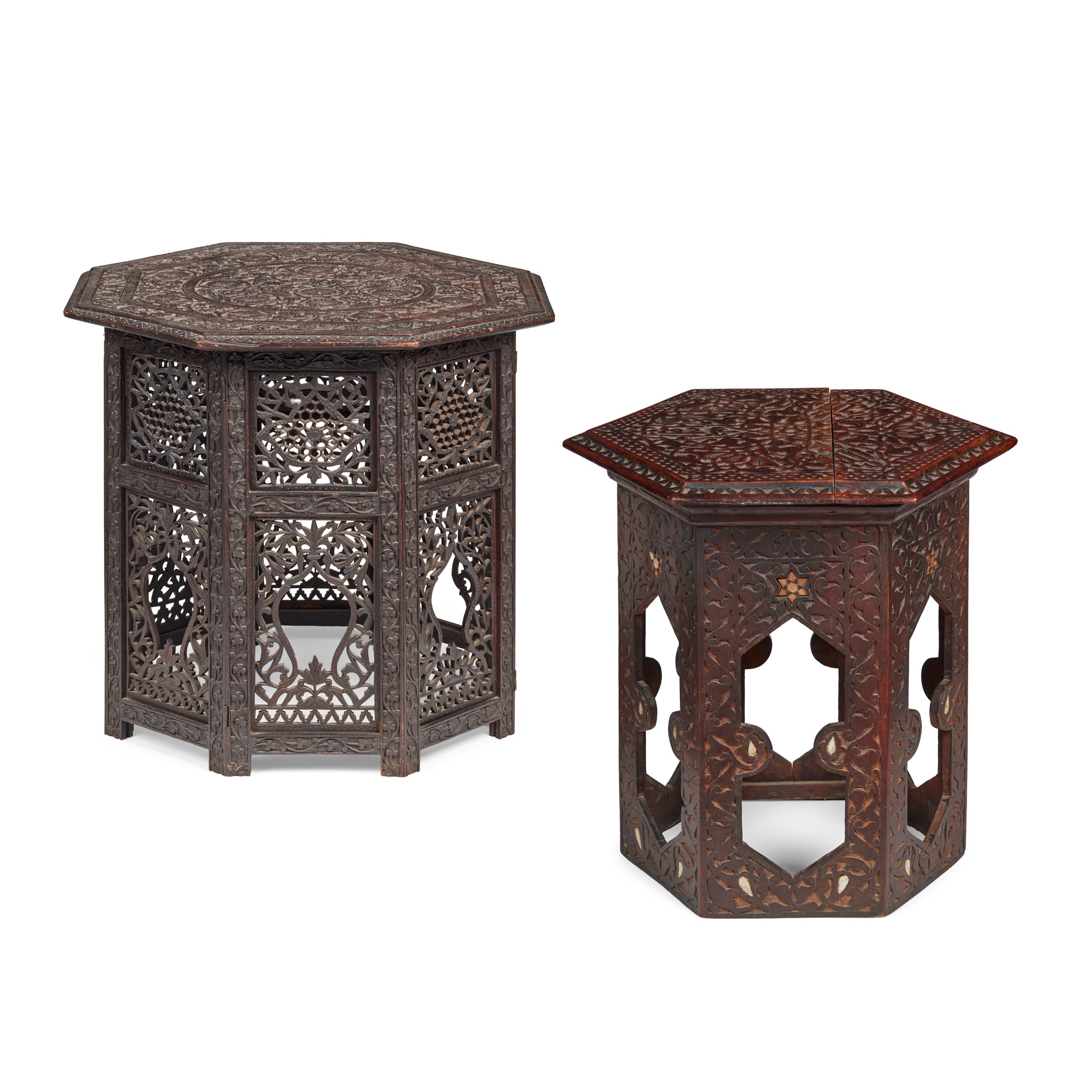 TWO DAMASCUS CARVED AND EBONISED HARDWOOD OCCASIONAL TABLES