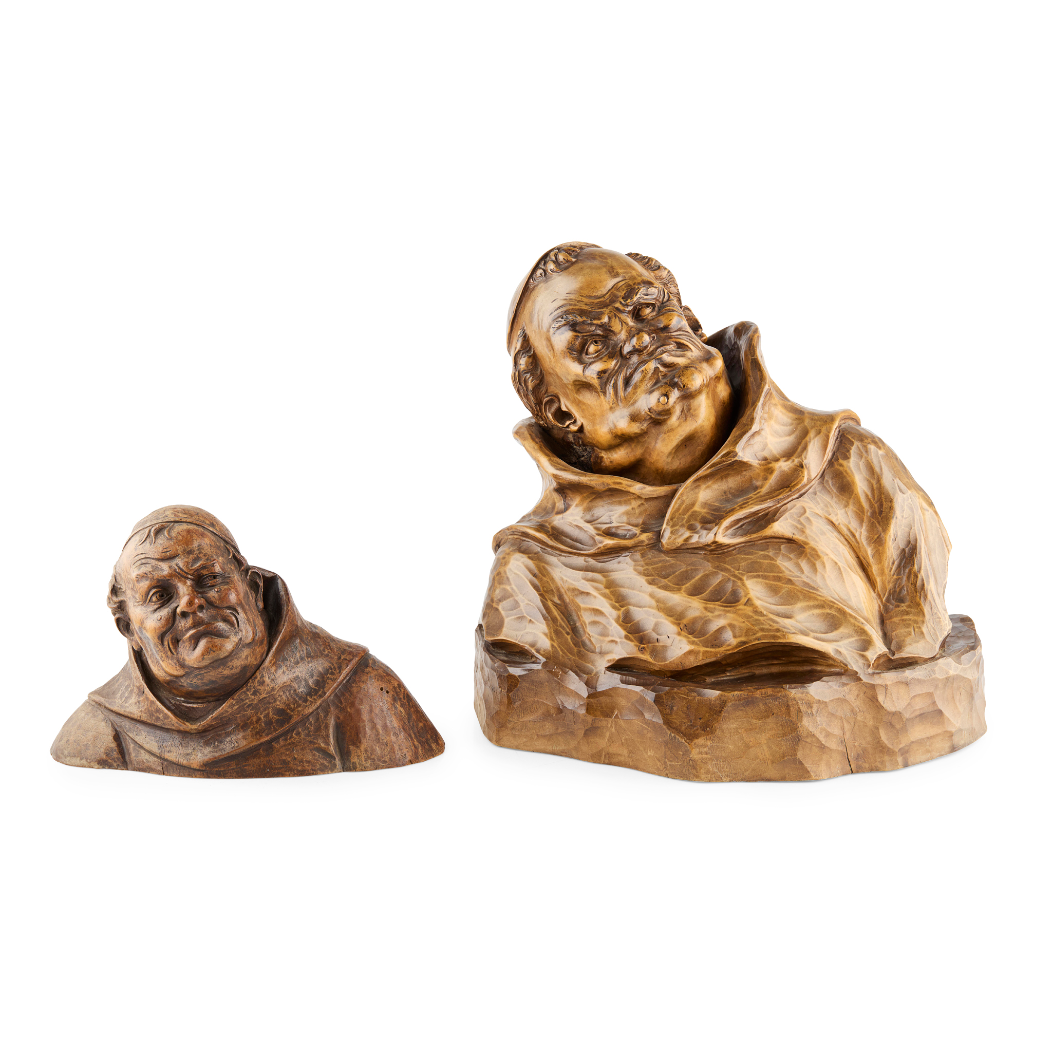TWO CONTINENTAL CARVED LINDEN WOOD CARICATURE BUSTS OF MONKS