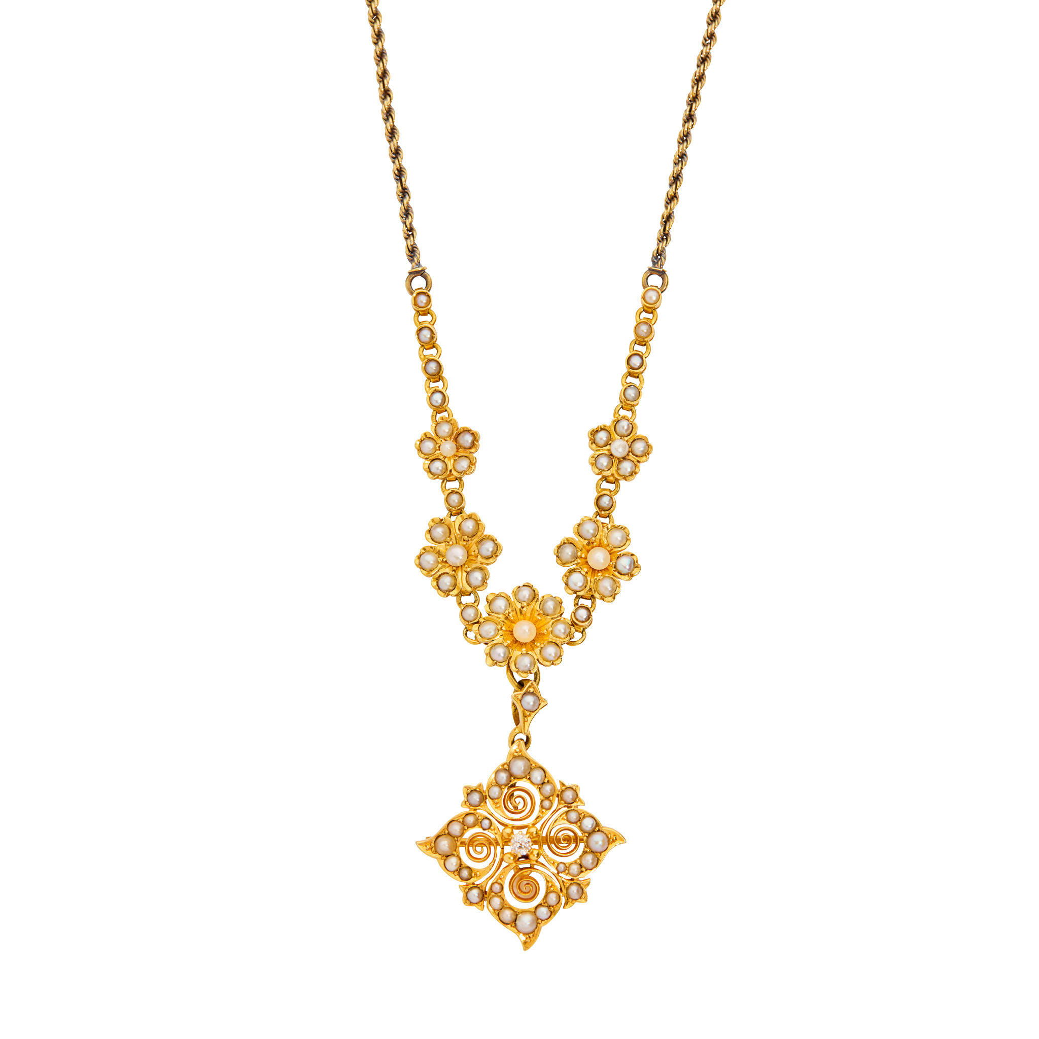 An early 20th century diamond and seed pearl pendant necklace