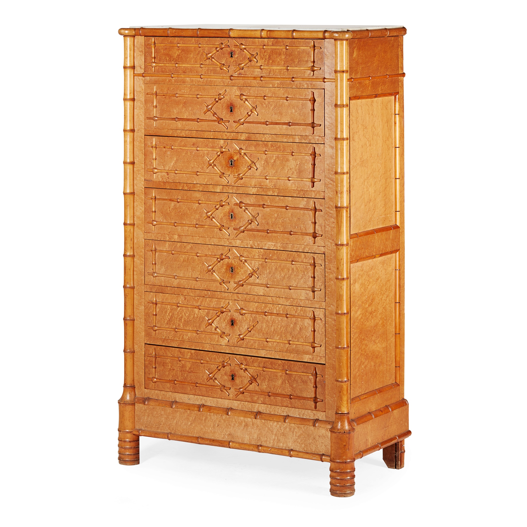 LATE VICTORIAN BIRCH FAUX BAMBOO TALL CHEST OF DRAWERS