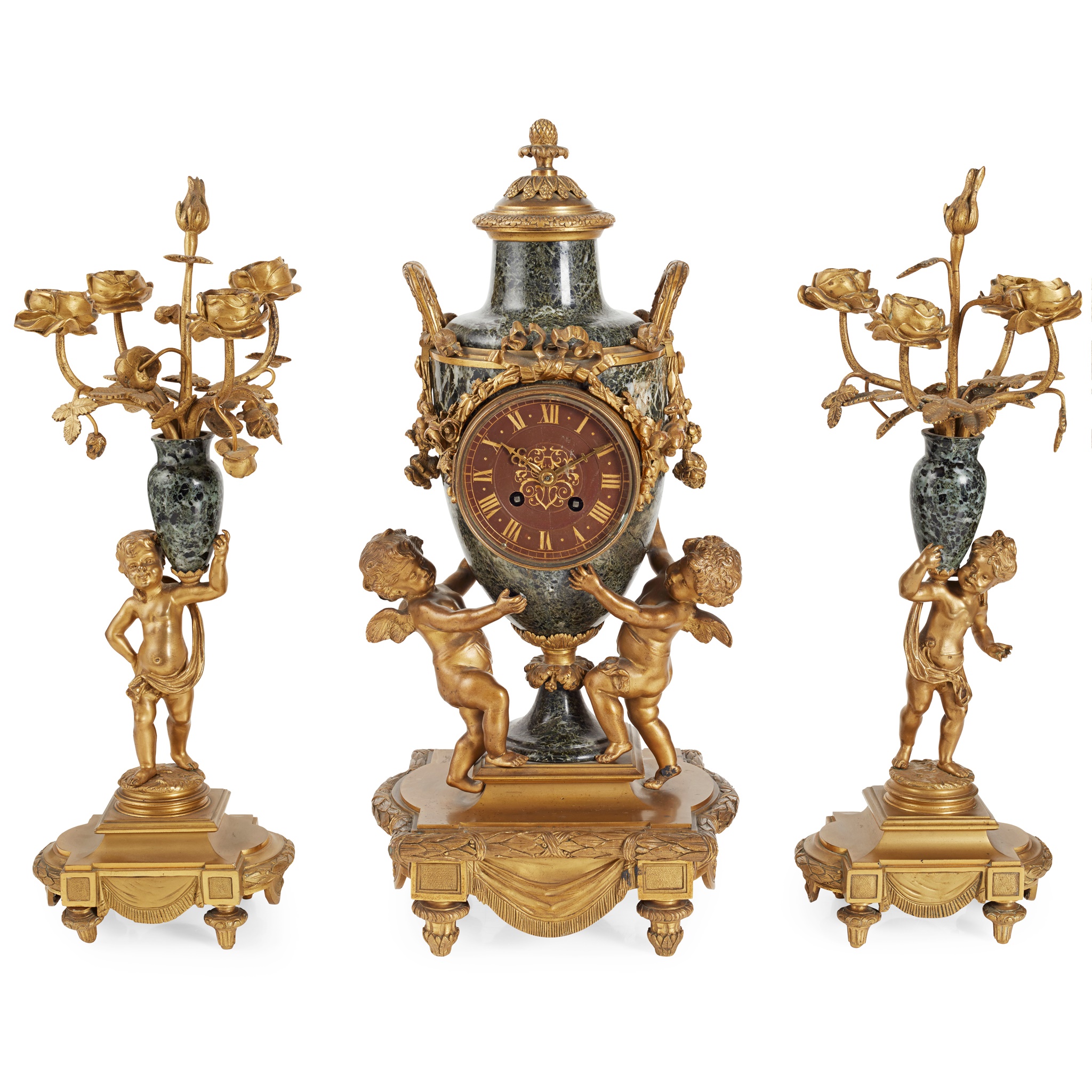 LOUIS XVI STYLE GREEN MARBLE AND GILT METAL CLOCK GARNITURE