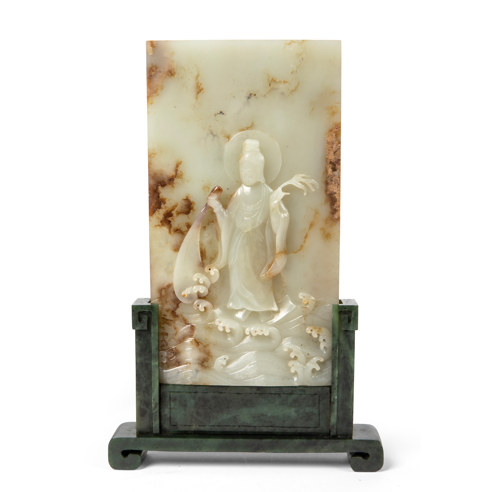 PALE CELADON JADE CARVING OF GUANYIN TABLE SCREEN