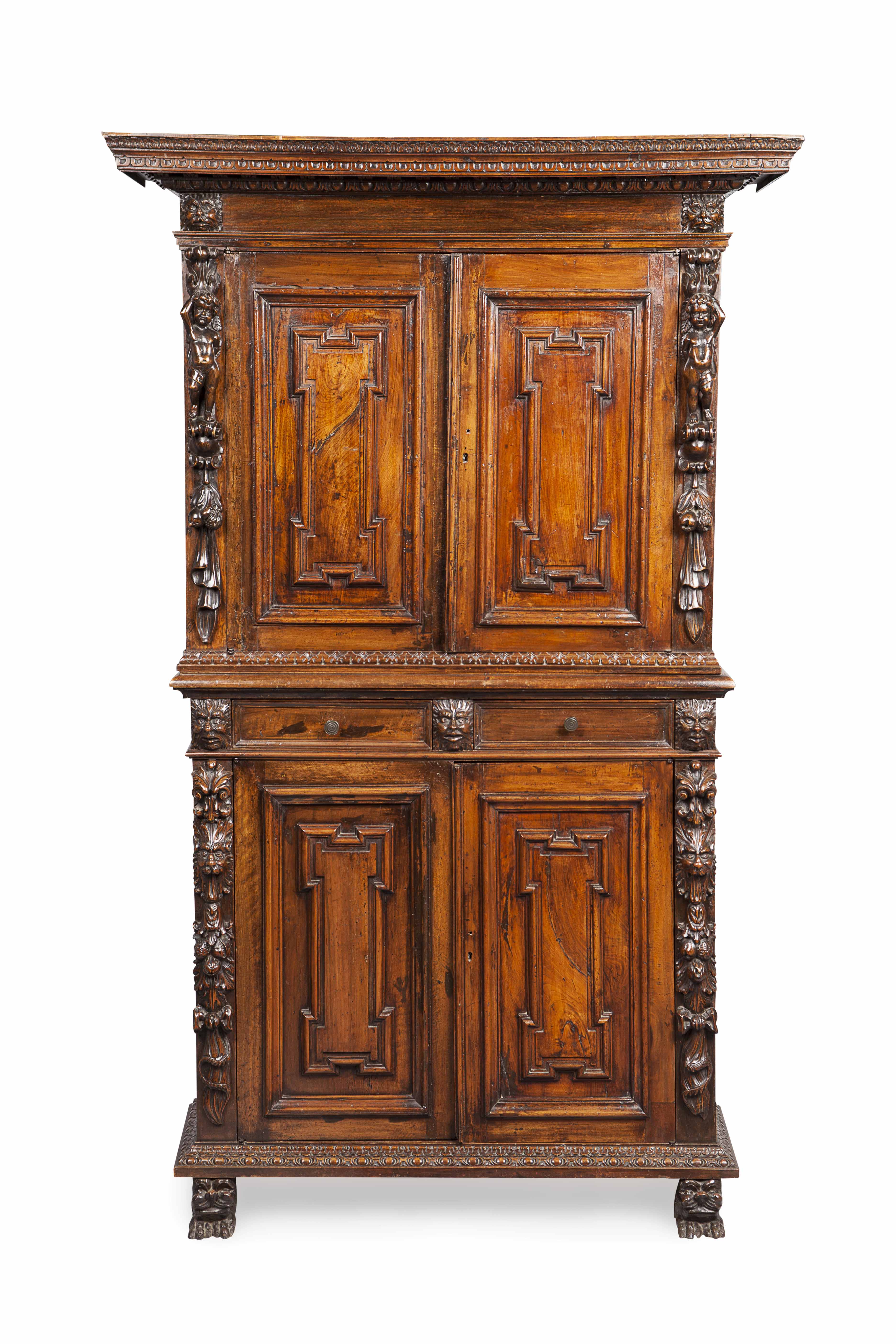 CONTINENTAL CARVED CHESTNUT AND WALNUT CUPBOARD