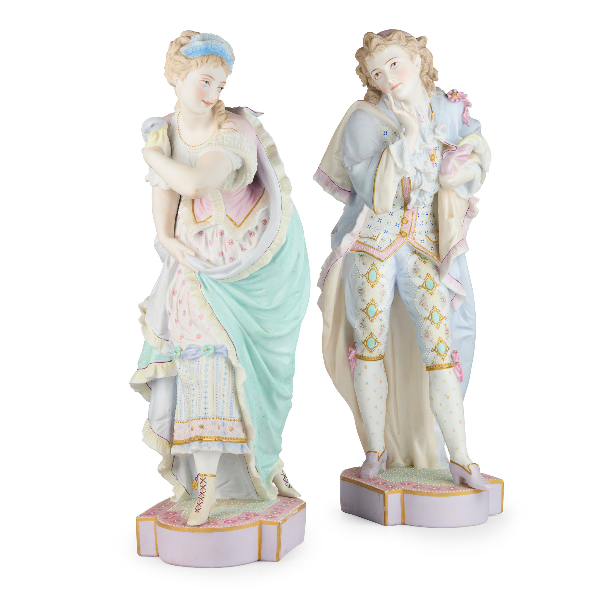 PAIR OF LARGE FRENCH BISQUE PORCELAIN FIGURES OF A GALLANT AND LADY