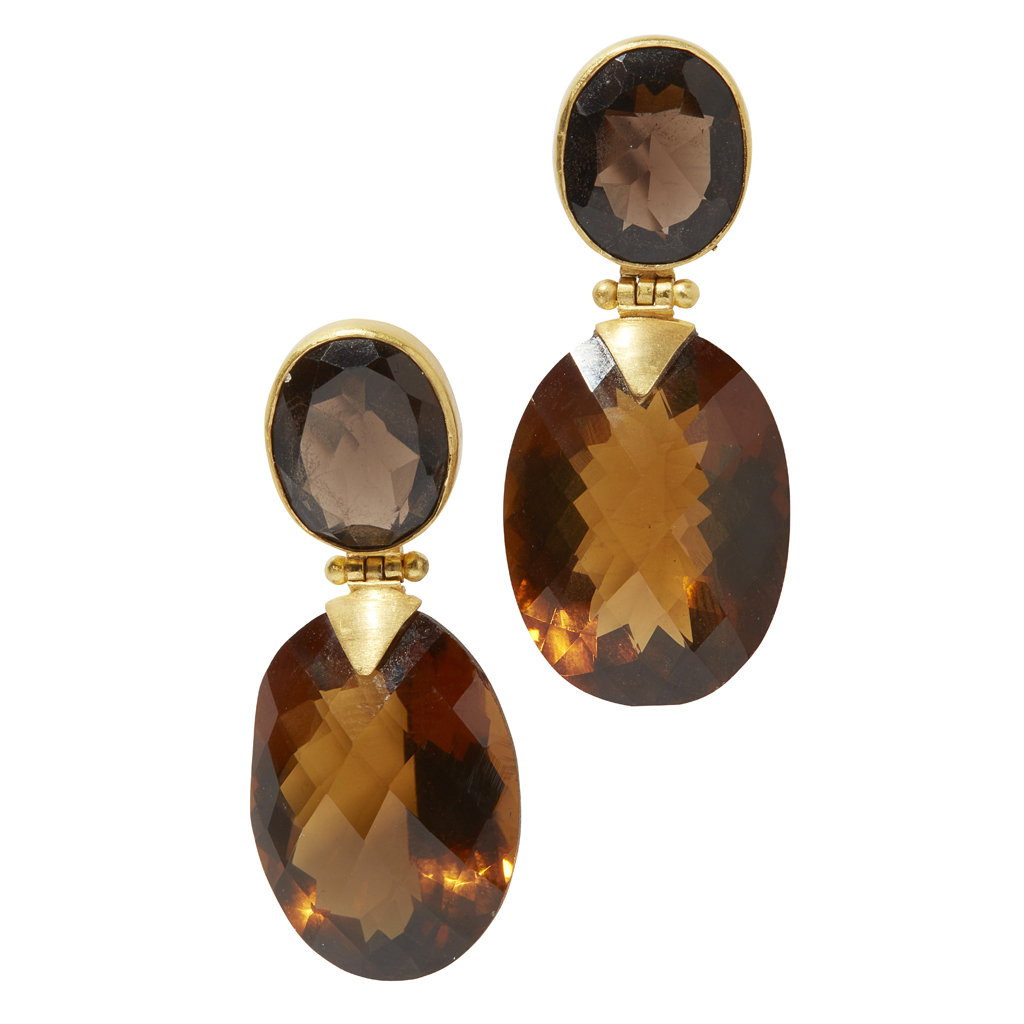 A pair of smokey quartz set pendant earrings
