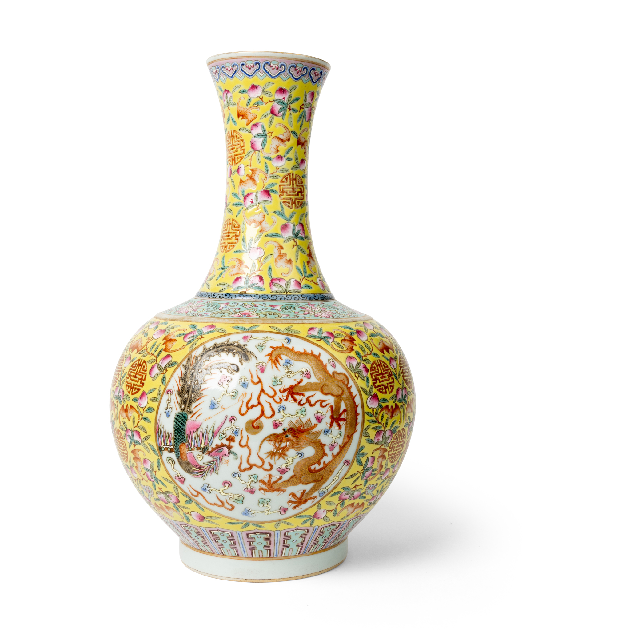 CHINESE YELLOW-GROUND FAMILLE ROSE 'DRAGON AND PHOENIX' VASE