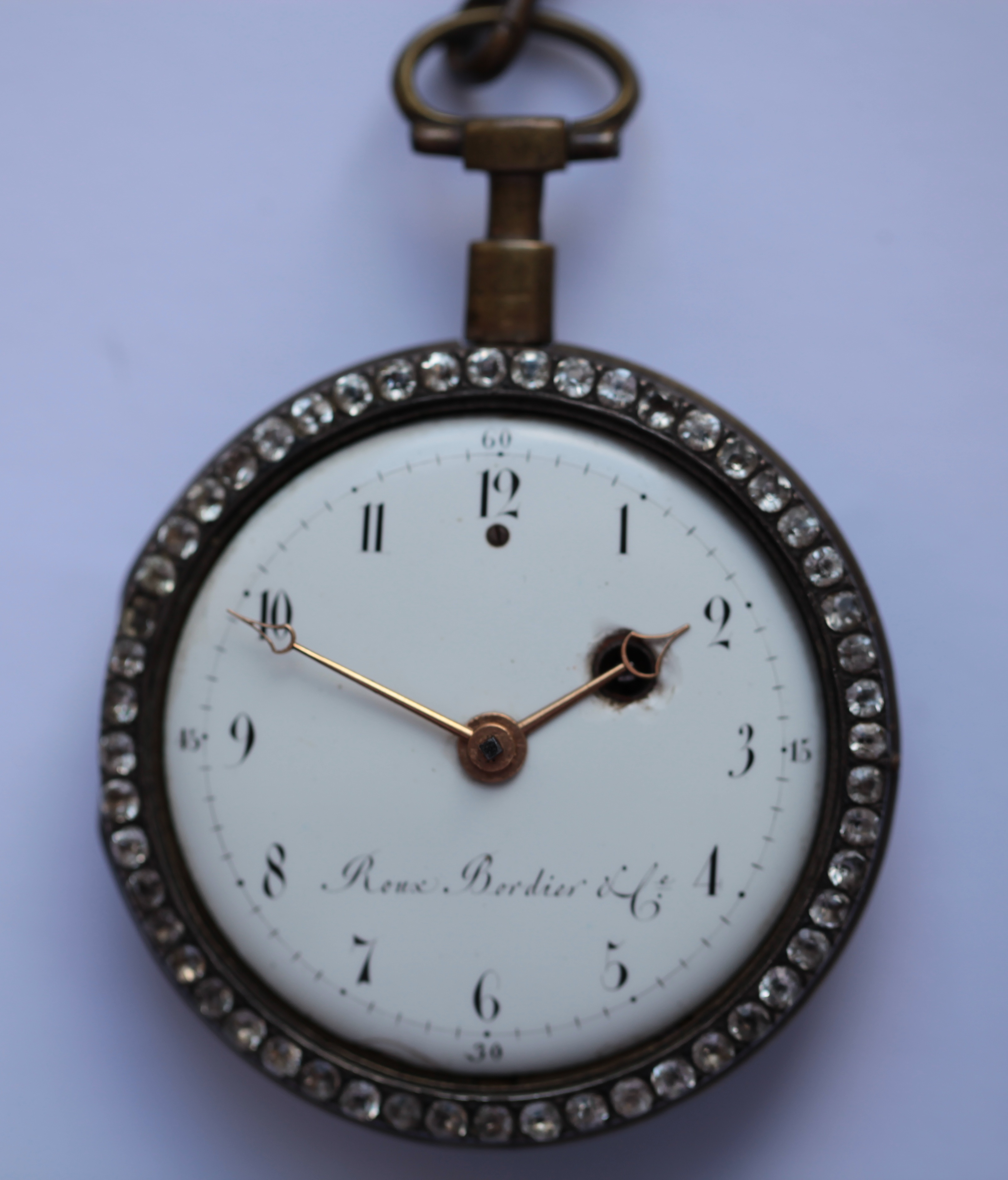 ROUX BORDIER et Cie - a mid 19th century enamel cased open faced pocket watch with a chatelaine clip