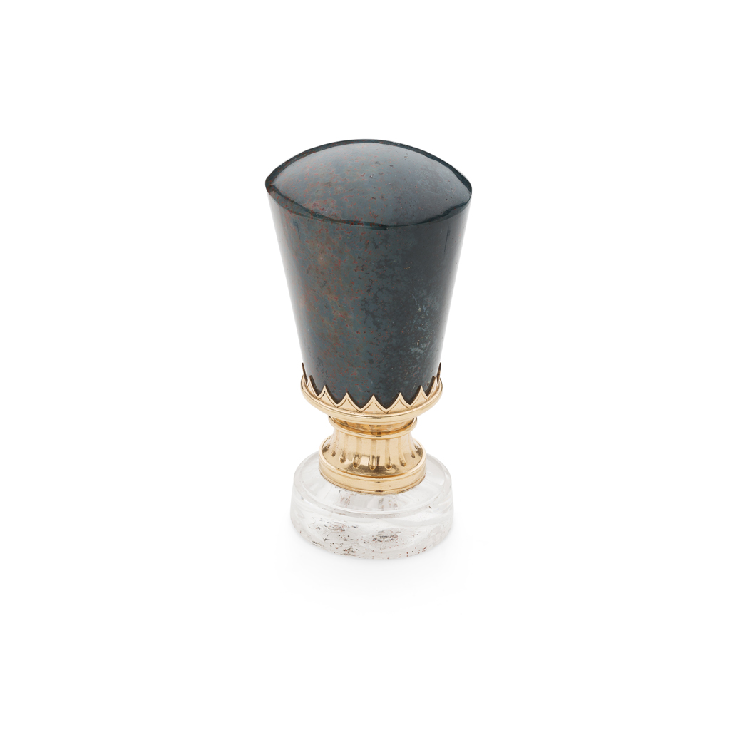 A gentleman's gold mounted crystal and bloodstone table seal
