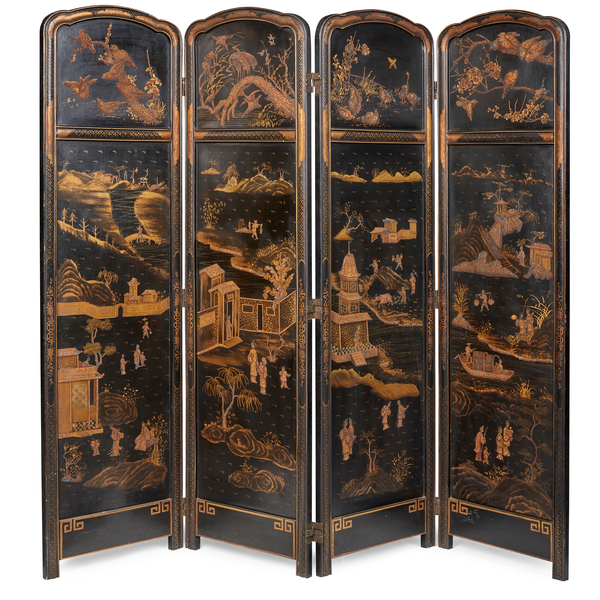 FRENCH JAPANNED BLACK AND GILT LACQUER FOUR PANEL FOLDING SCREEN