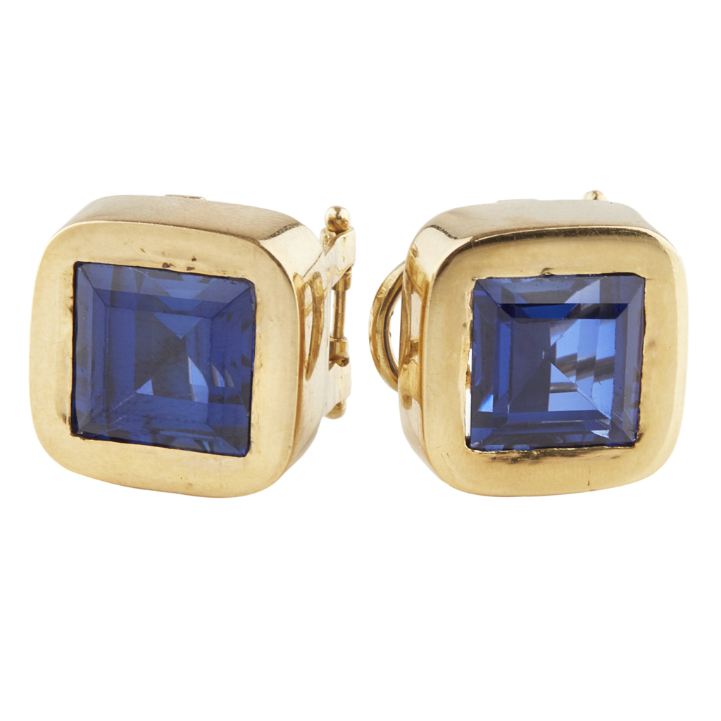 A pair of synthetic sapphire set earrings