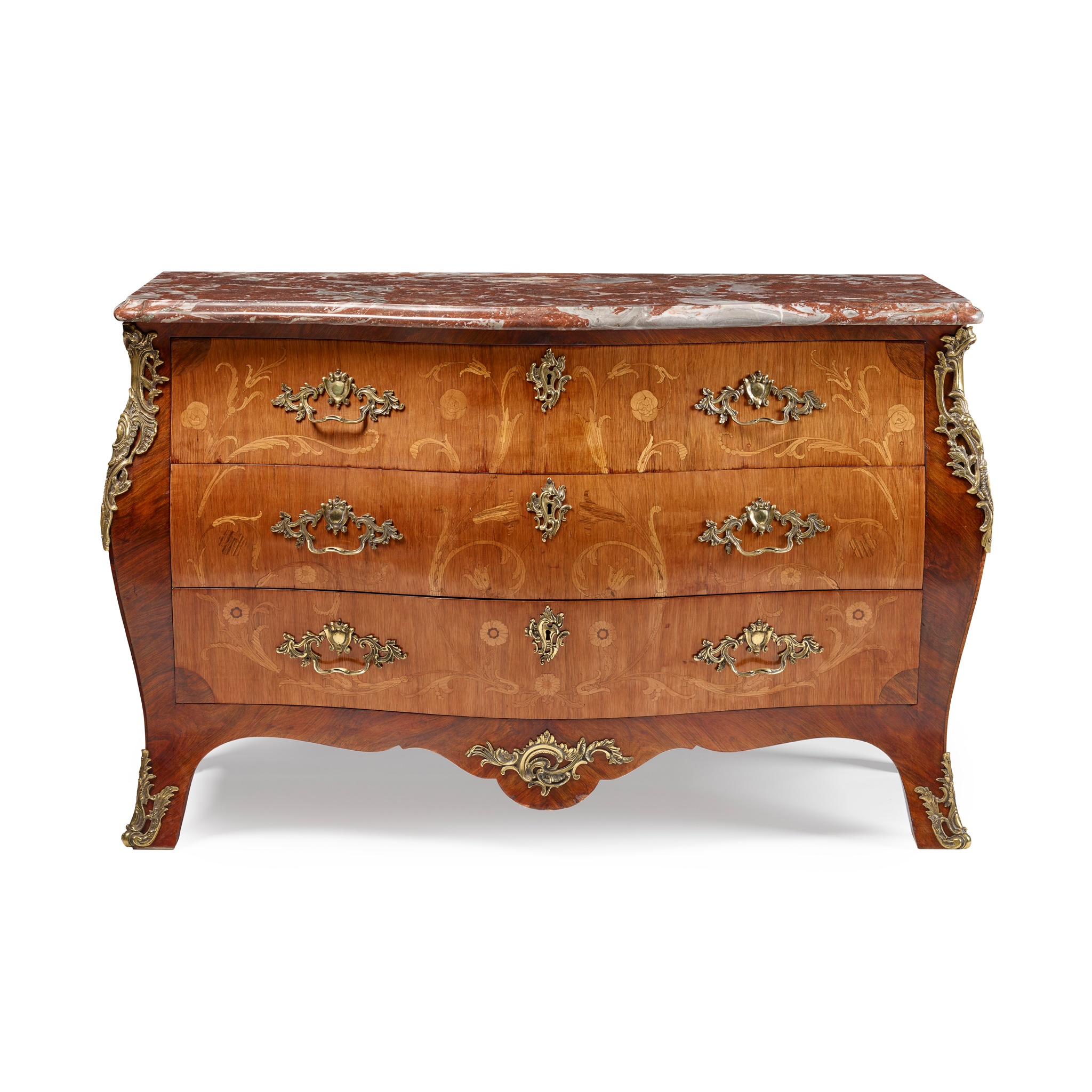 LOUIS XV STYLE KINGWOOD, AMARANTH AND MARQUETRY MARBLE TOPPED BOMBÉ COMMODE