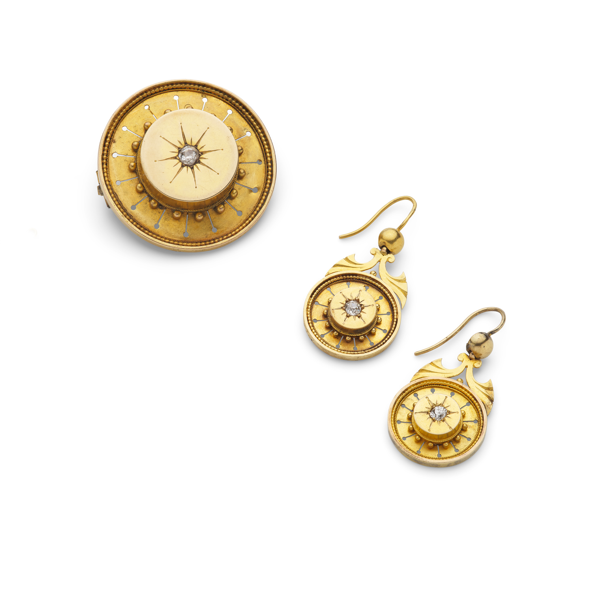 A mid 19th century circular diamond-set brooch and earring suite