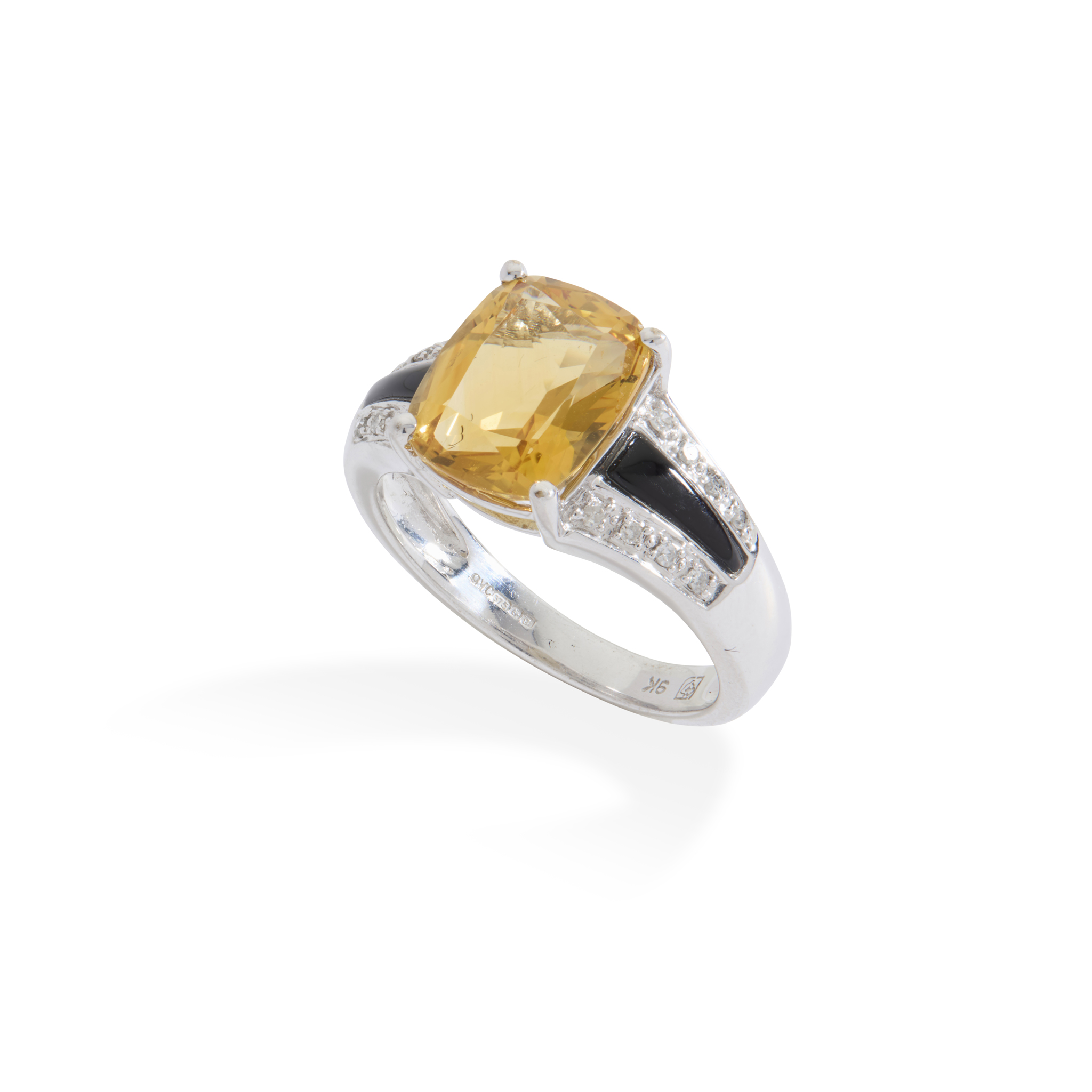 A 9ct gold citrine, onyx and diamond dress ring