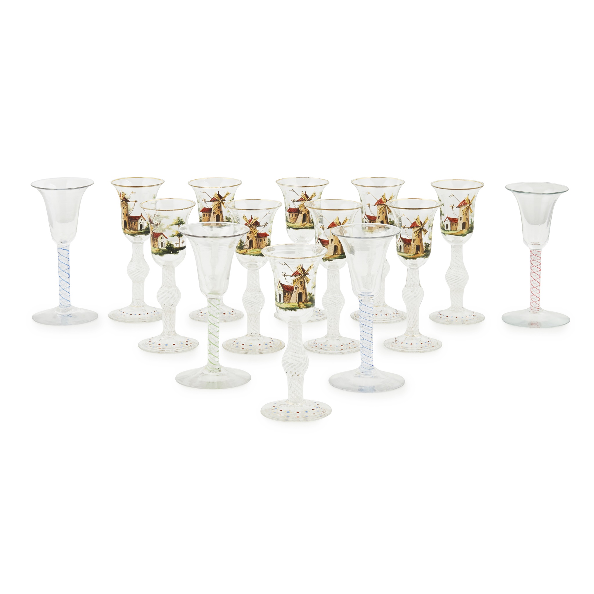 GROUP OF FOUR COLOURED AIRTWIST WINE GLASSES
