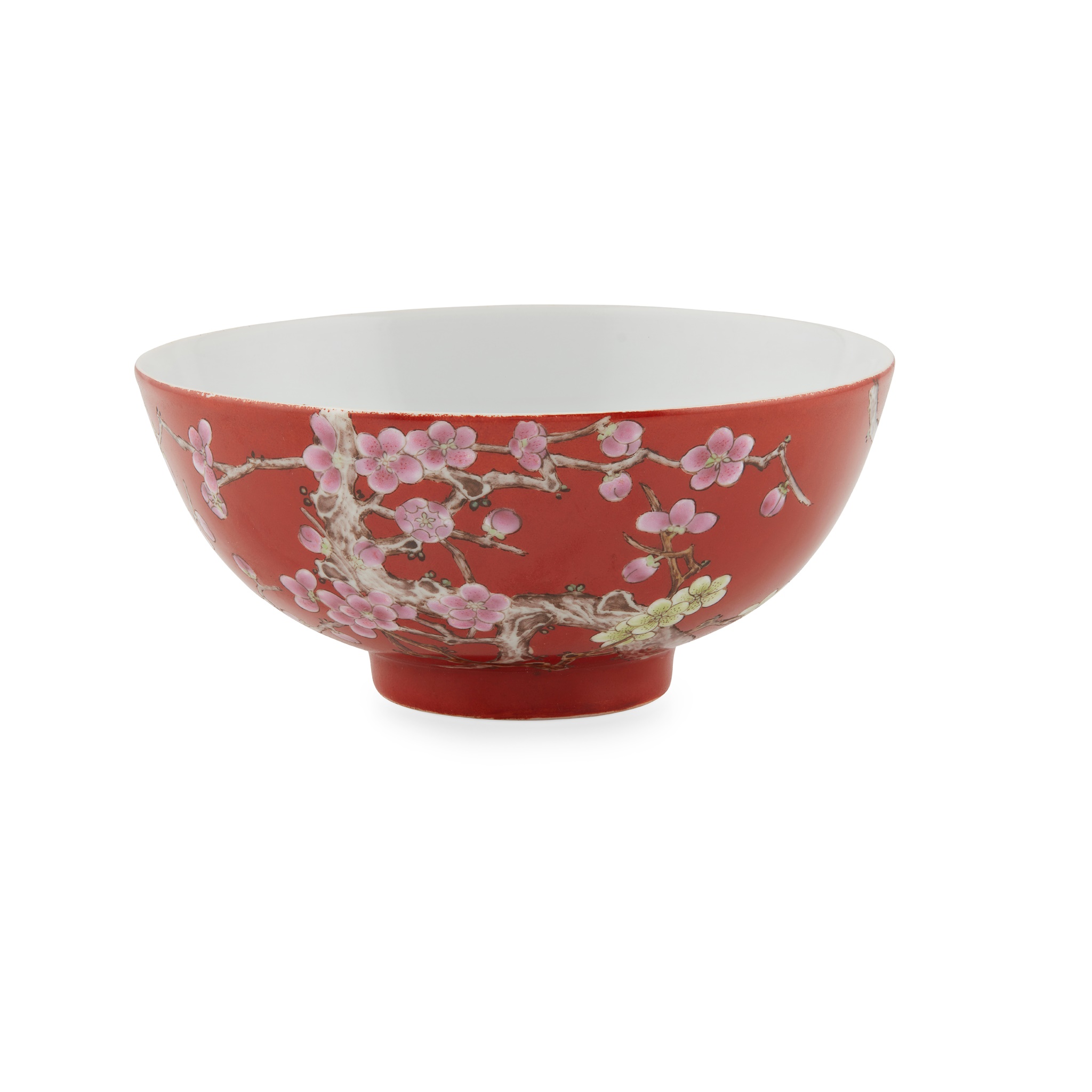 FAMILLE ROSE RED-GROUND 'PRUNUS' BOWL