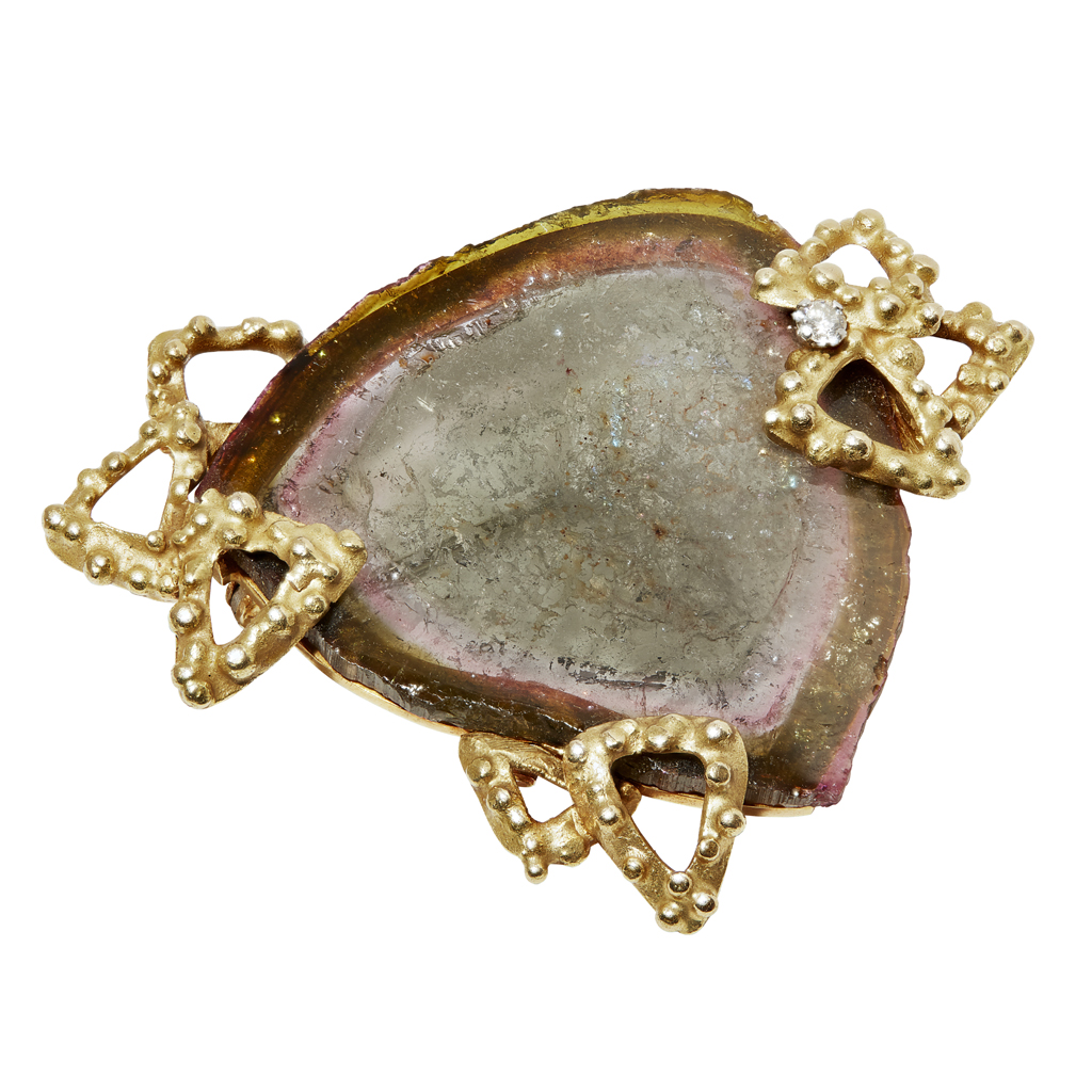 An 18ct gold tourmaline and diamond set brooch, Andrew Grima