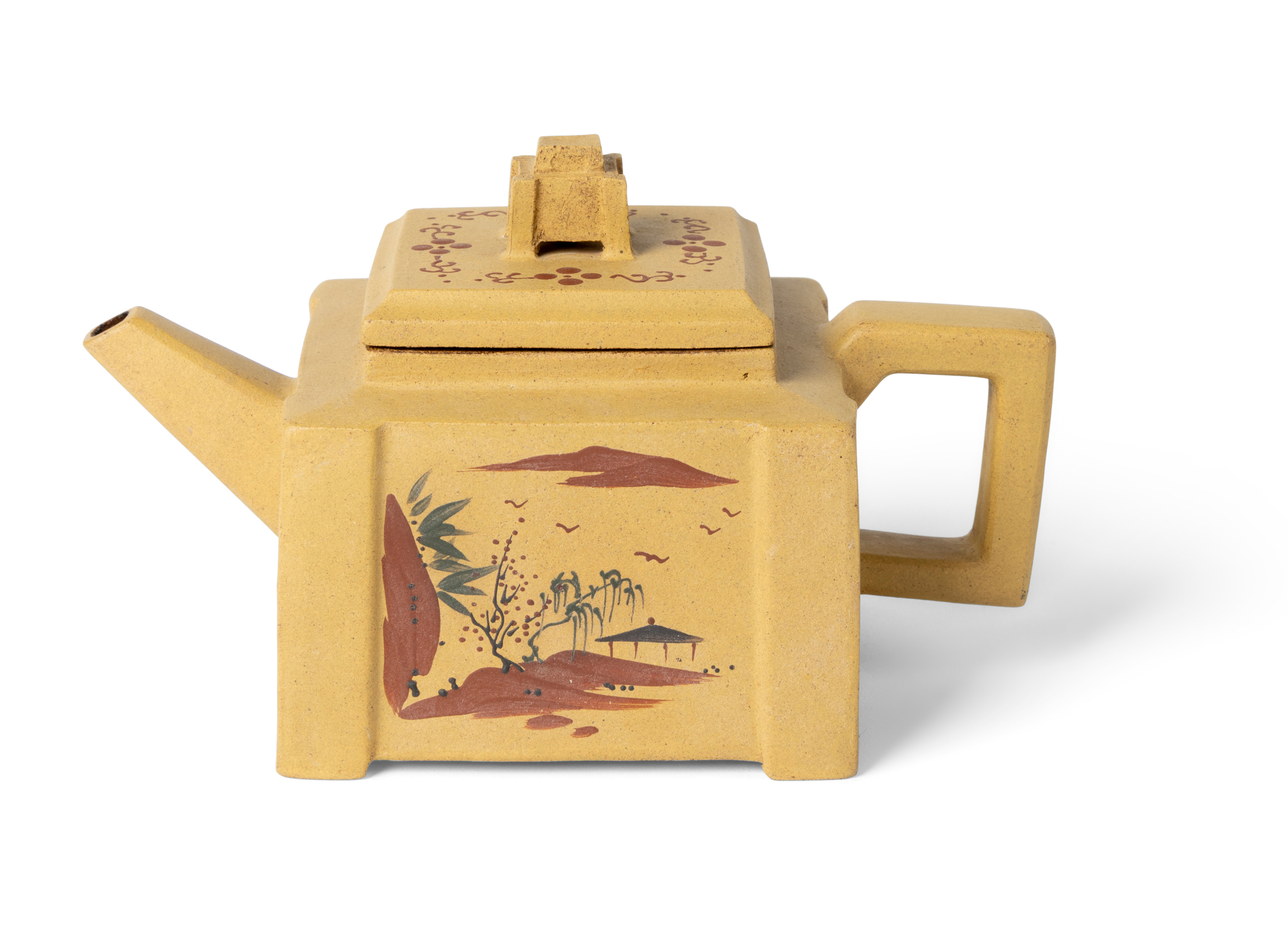 CHINESE YIXING STONEWARE SQUARE-SECTION TEAPOT AND COVER