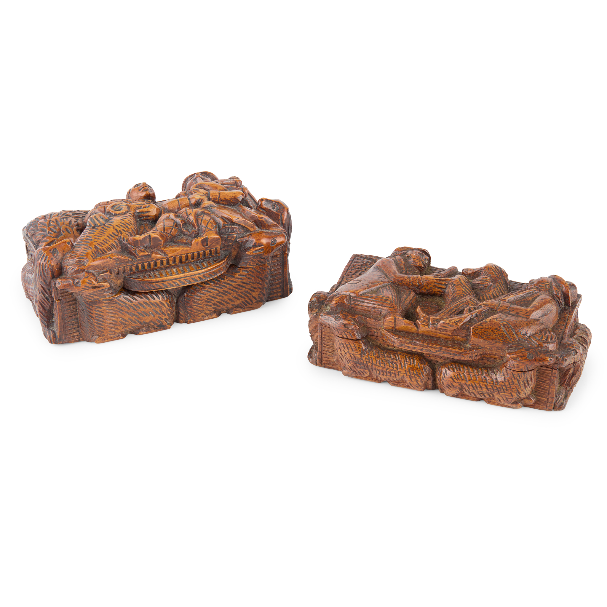 A SCOTTISH CARVED WOOD 'BLIND MAN' SNUFF BOX