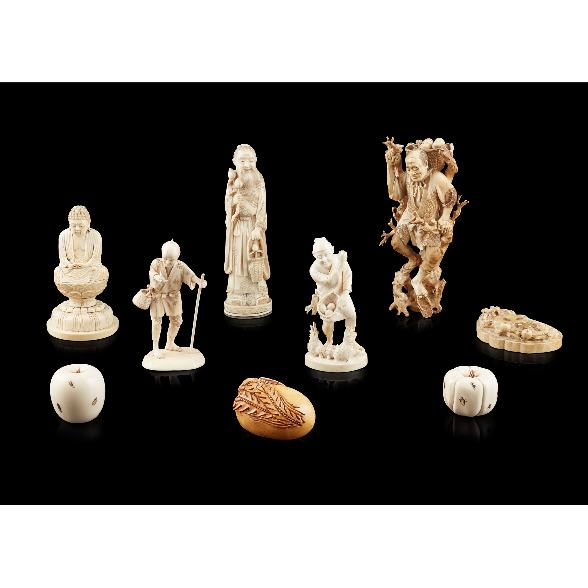 GROUP OF EIGHT JAPANESE IVORY CARVINGS