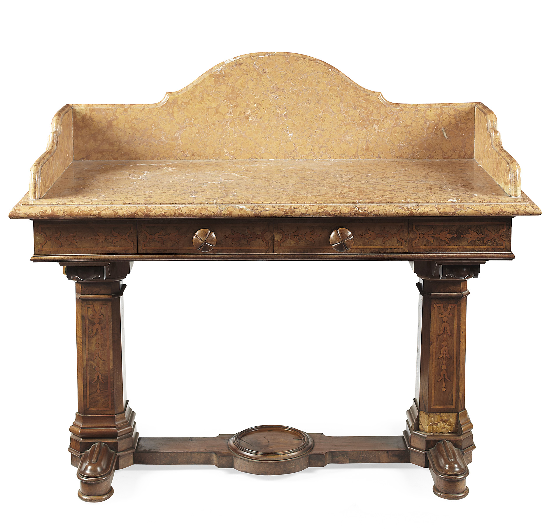 VICTORIAN WALNUT AND MARQUETRY MARBLE TOP WASHSTAND