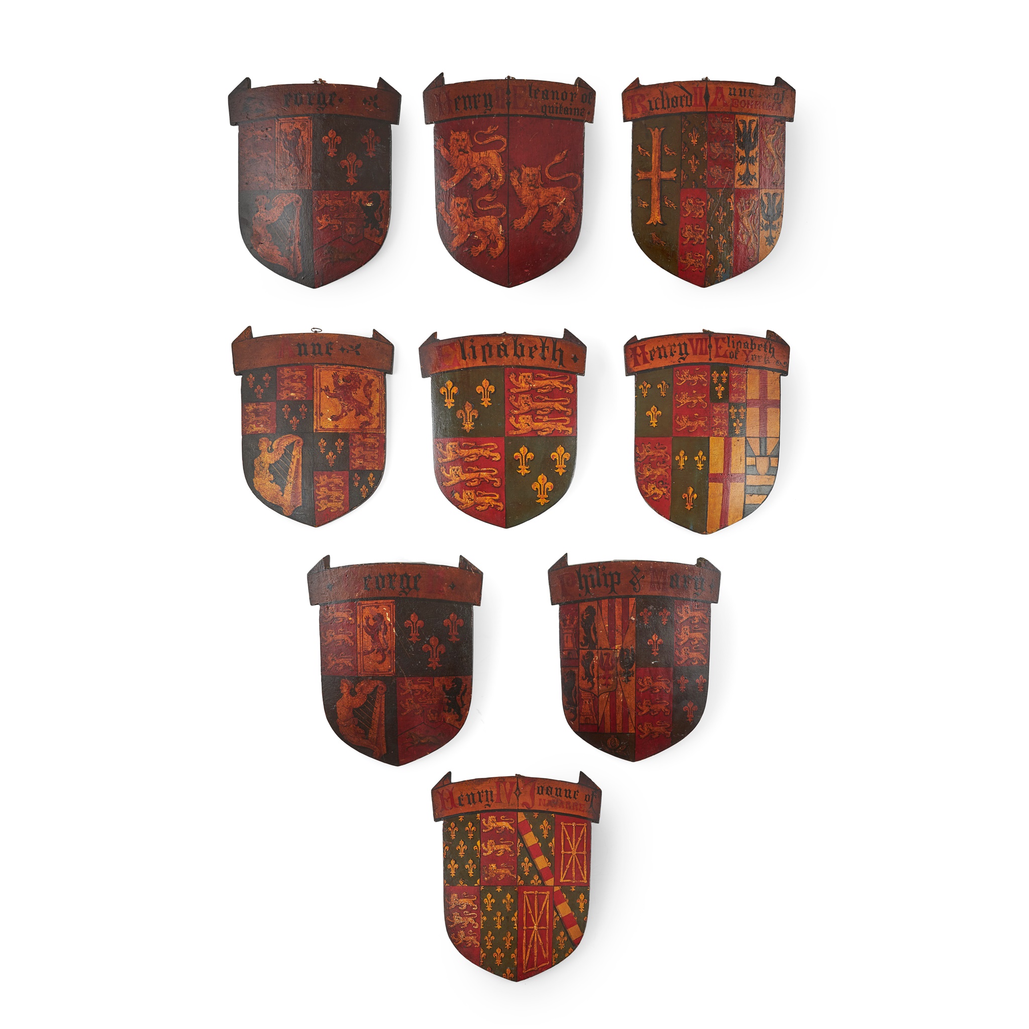 NINE POLYCHROME PAINTED OAK ENGLISH ROYAL HERALDIC SHIELDS