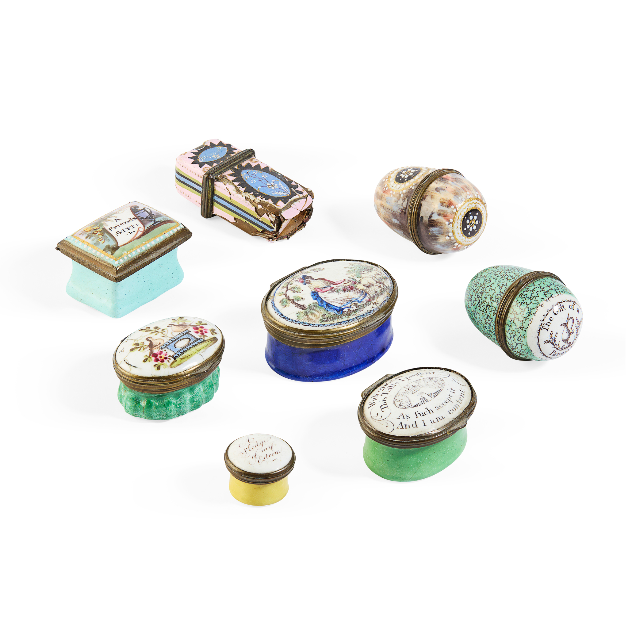 COLLECTION OF EIGHT ENAMEL PATCH BOXES AND NUTMEG GRATERS