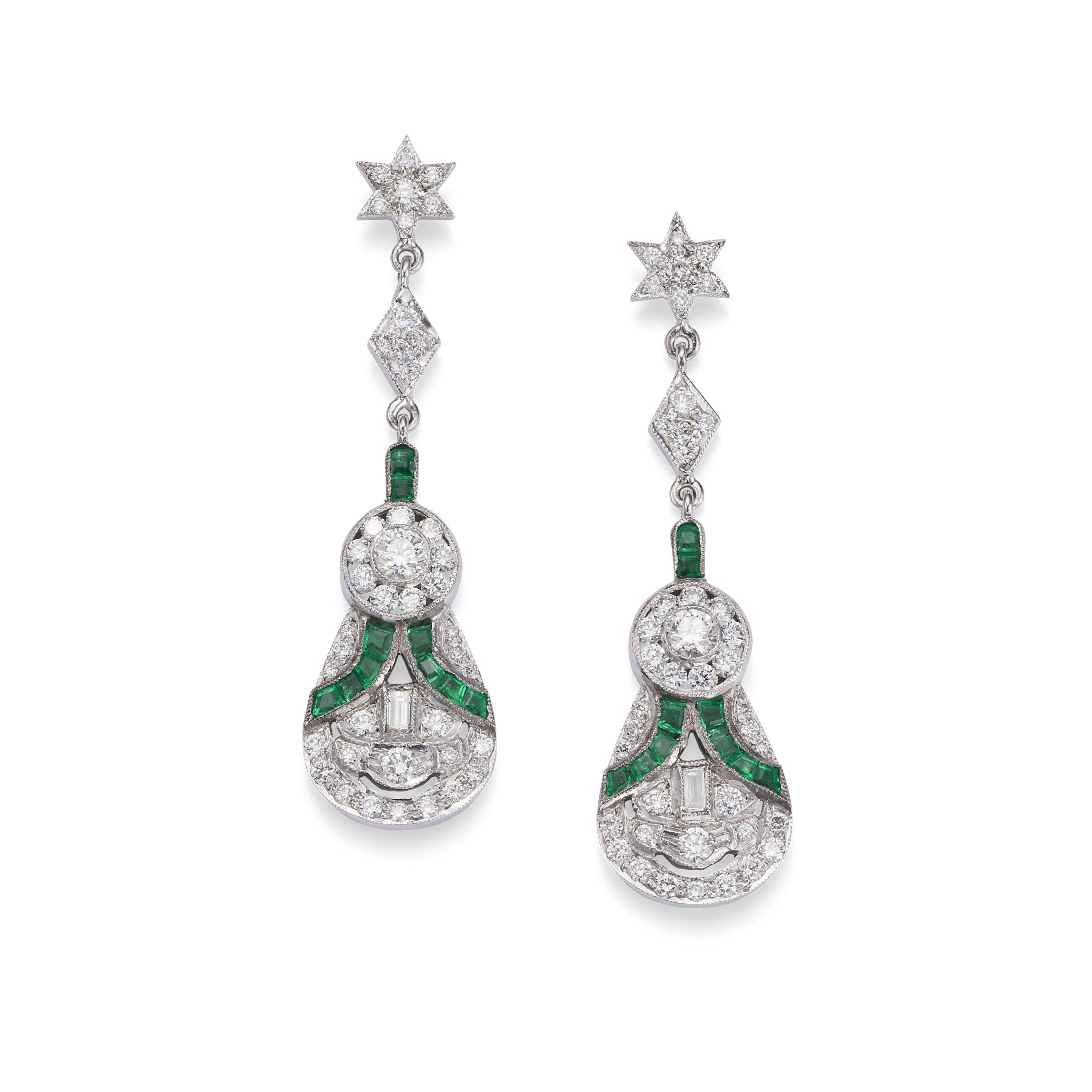 A pair of emerald and diamond pendent earrings