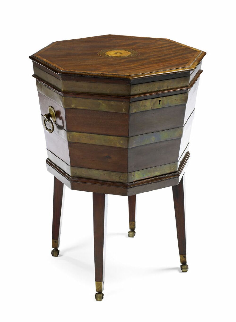 A 19th century mahogany, brass bound and satinwood crossbanded octagonal wine cooler