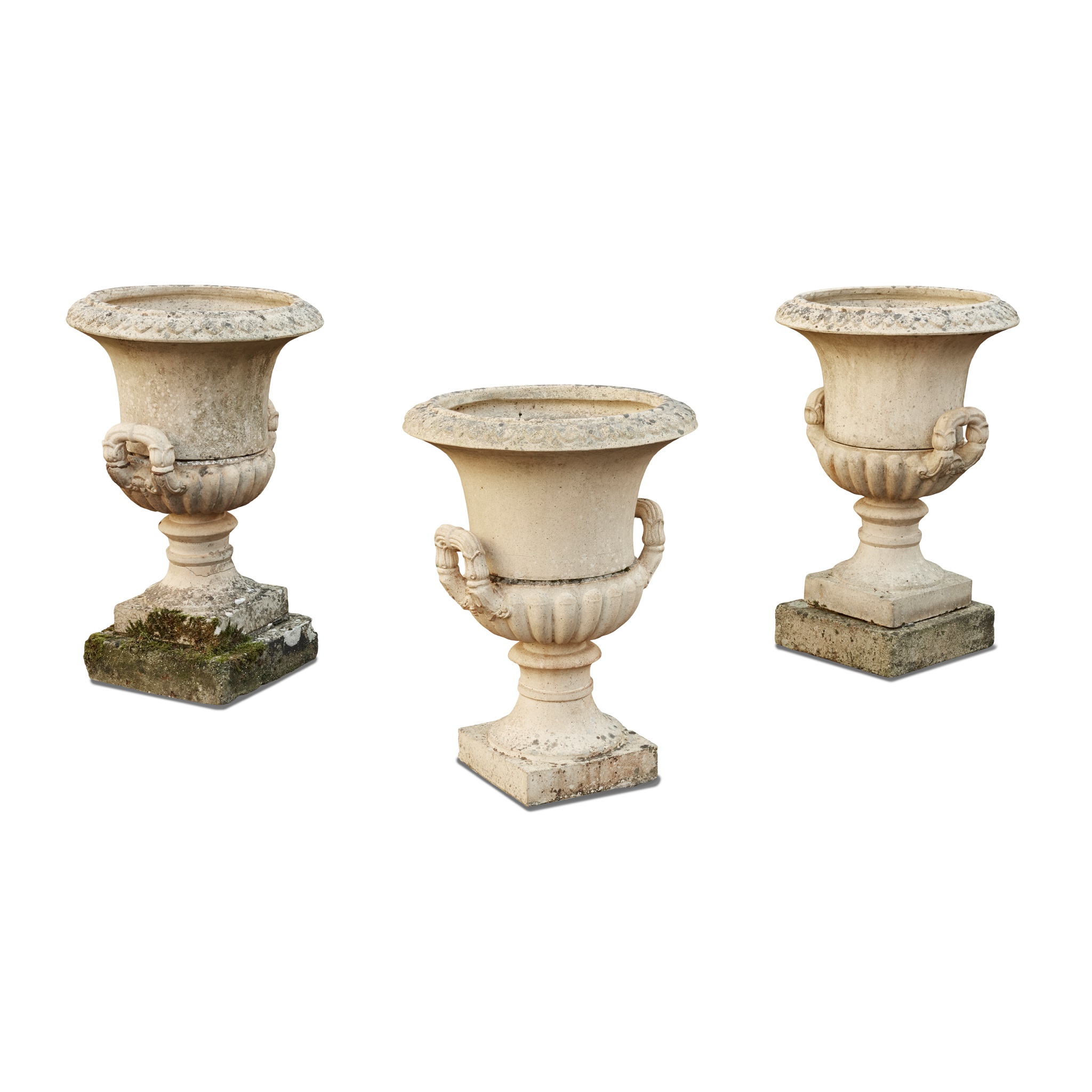SET OF THREE LARGE SCOTTISH FIRECLAY GARDEN URNS