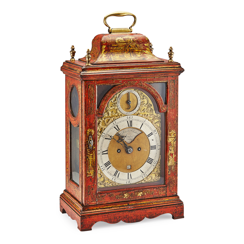 GEORGE III TABLE RED JAPANNED BRACKET CLOCK BY JAMES CHATER, LONDON