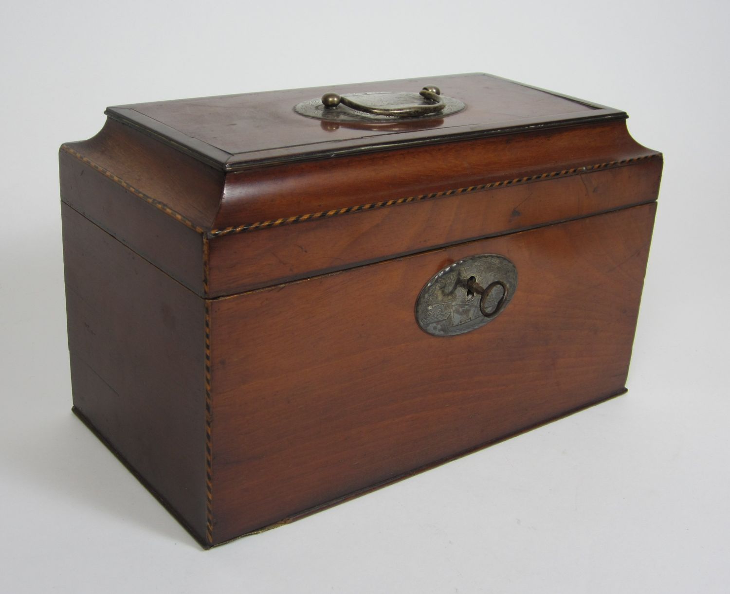 GEORGIAN MAHOGANY AND WHITE METAL MOUNTED TEA CADDY