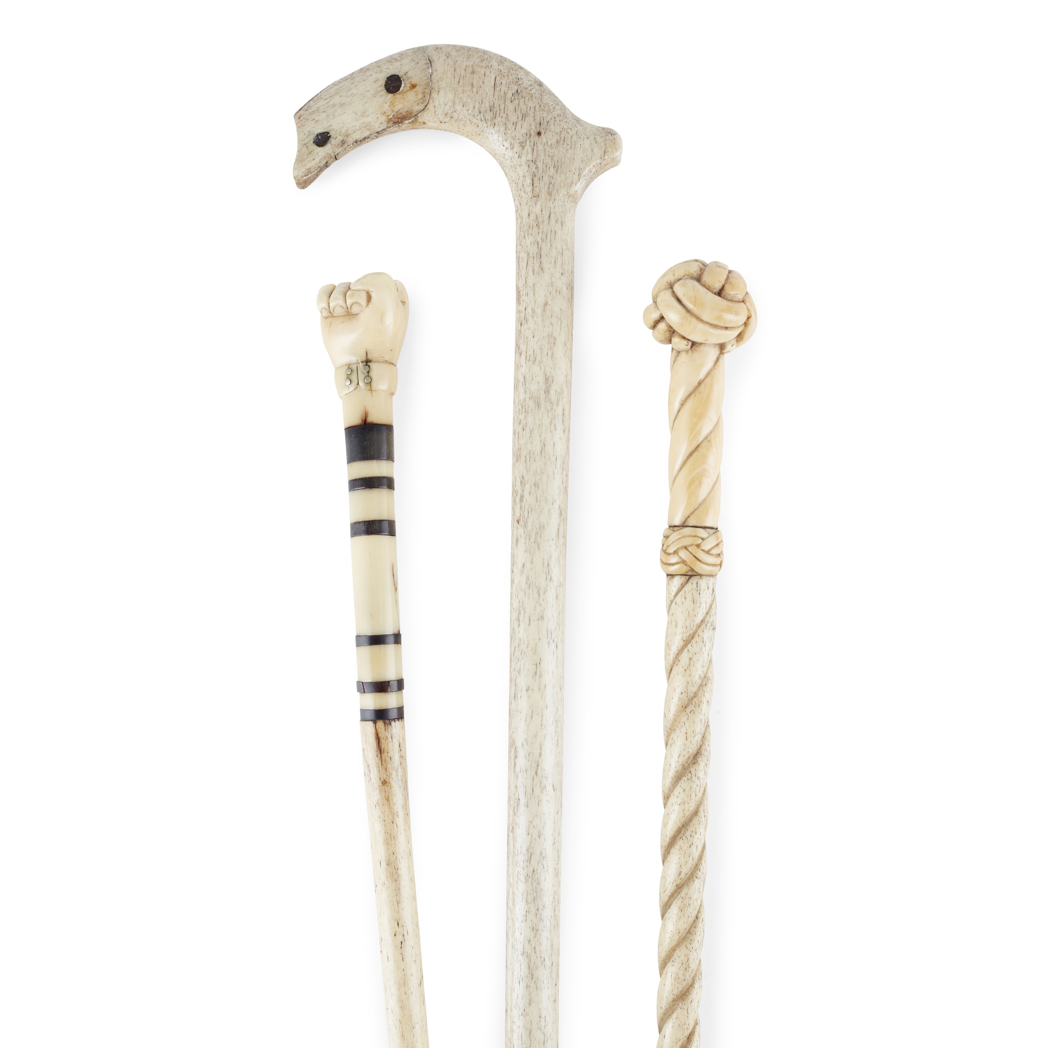 THREE WHALEBONE AND WHALE TOOTH WALKING STICKS