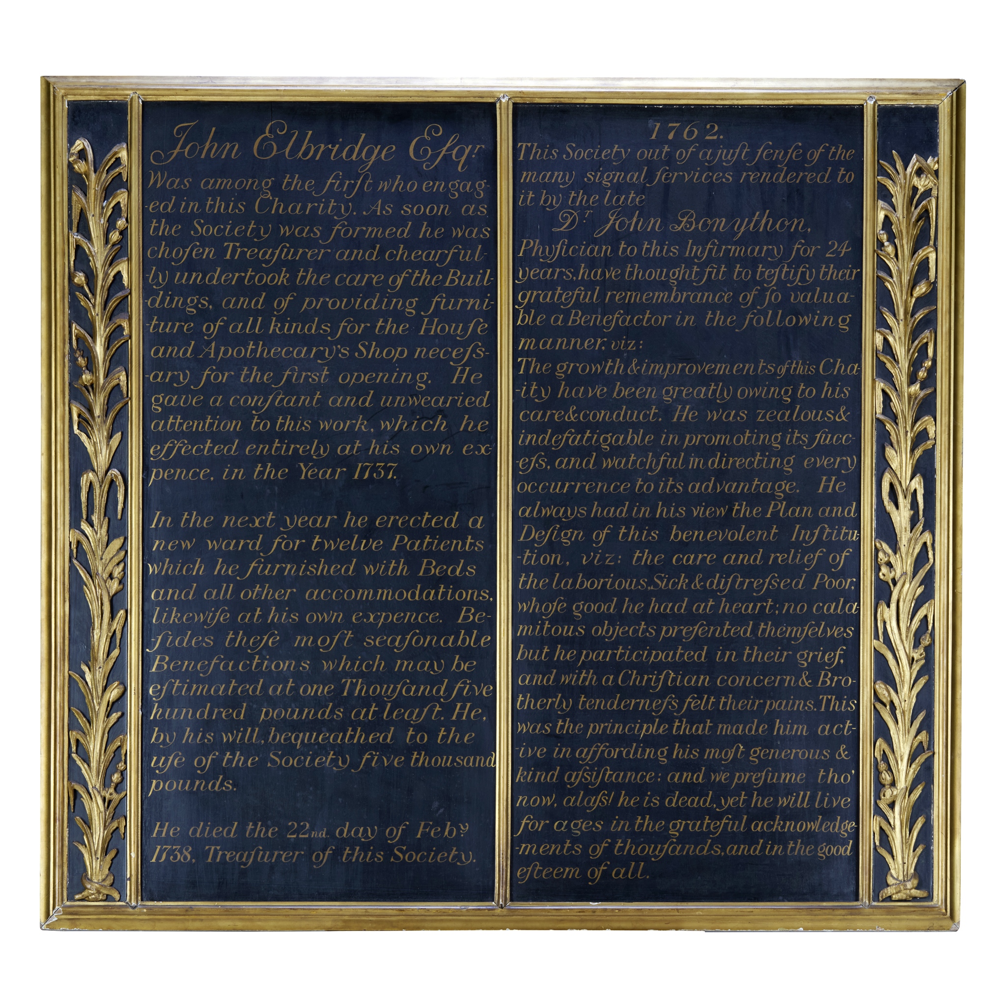 GEORGE III CARVED GILTWOOD, GILT, AND EBONISED BENEFACTOR BOARDS FOR THE BRISTOL INFIRMARY