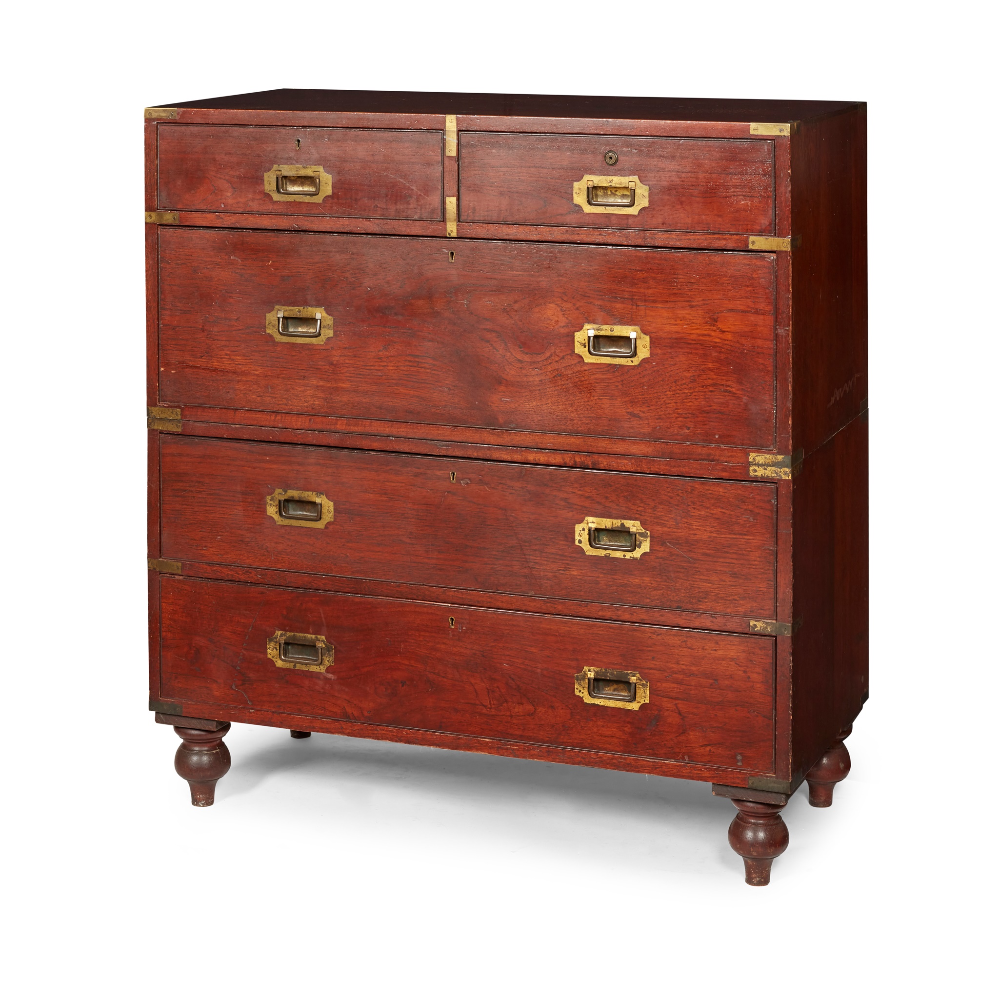 TEAK BRASS MOUNTED CAMPAIGN CHEST OF DRAWERS