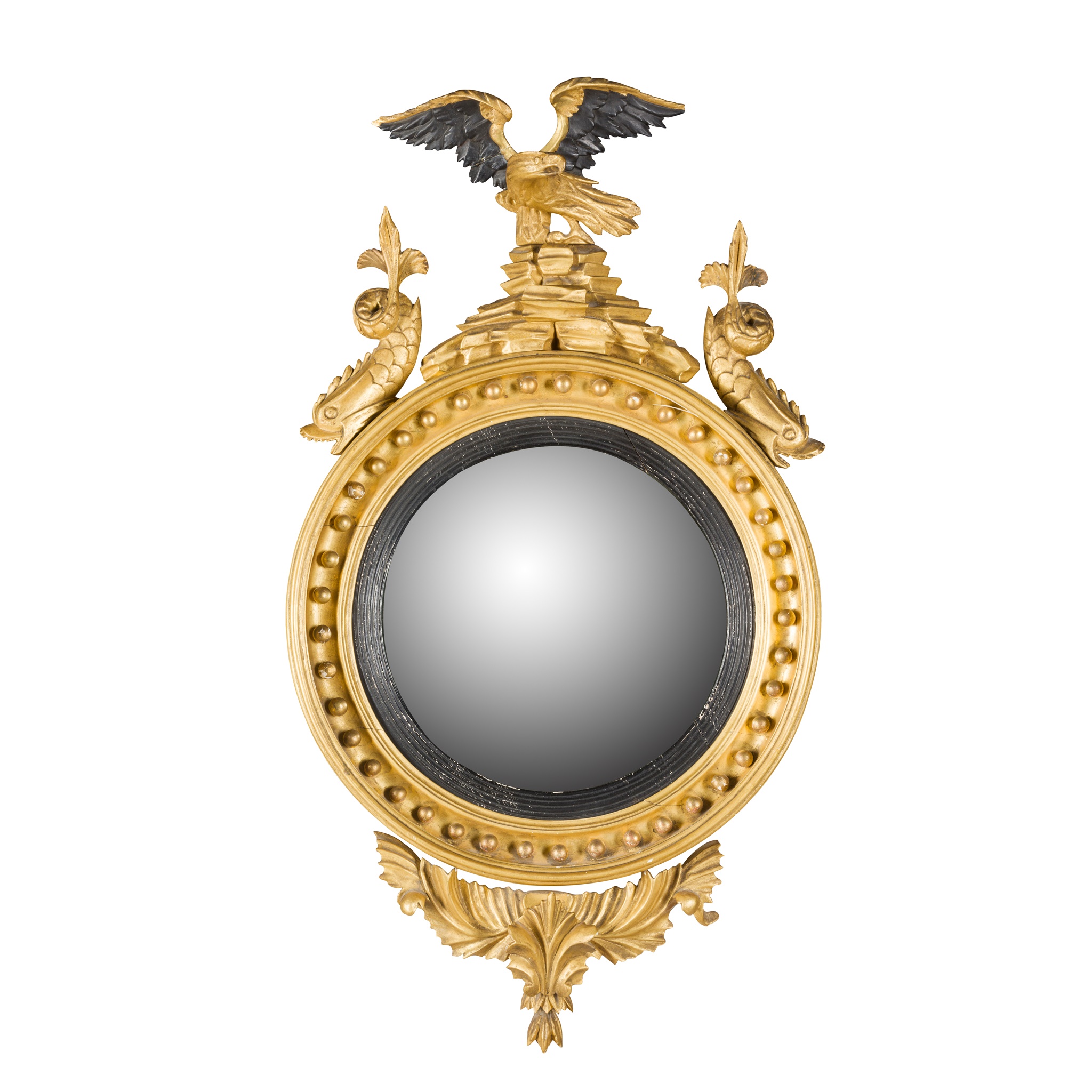 REGENCY GILTWOOD AND EBONISED CONVEX MIRROR