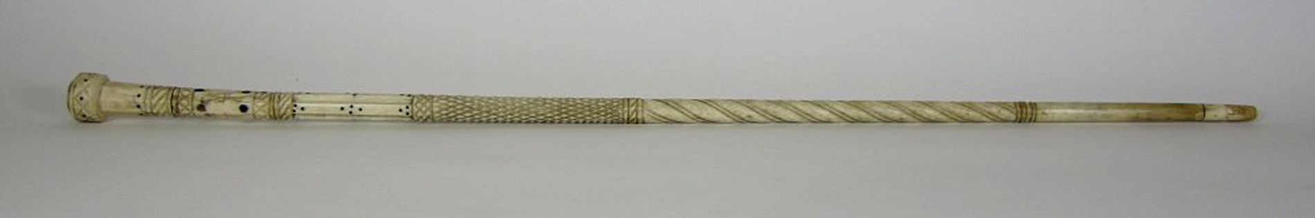 CARVED MARINE IVORY AND BONE INLAID WALKING CANE